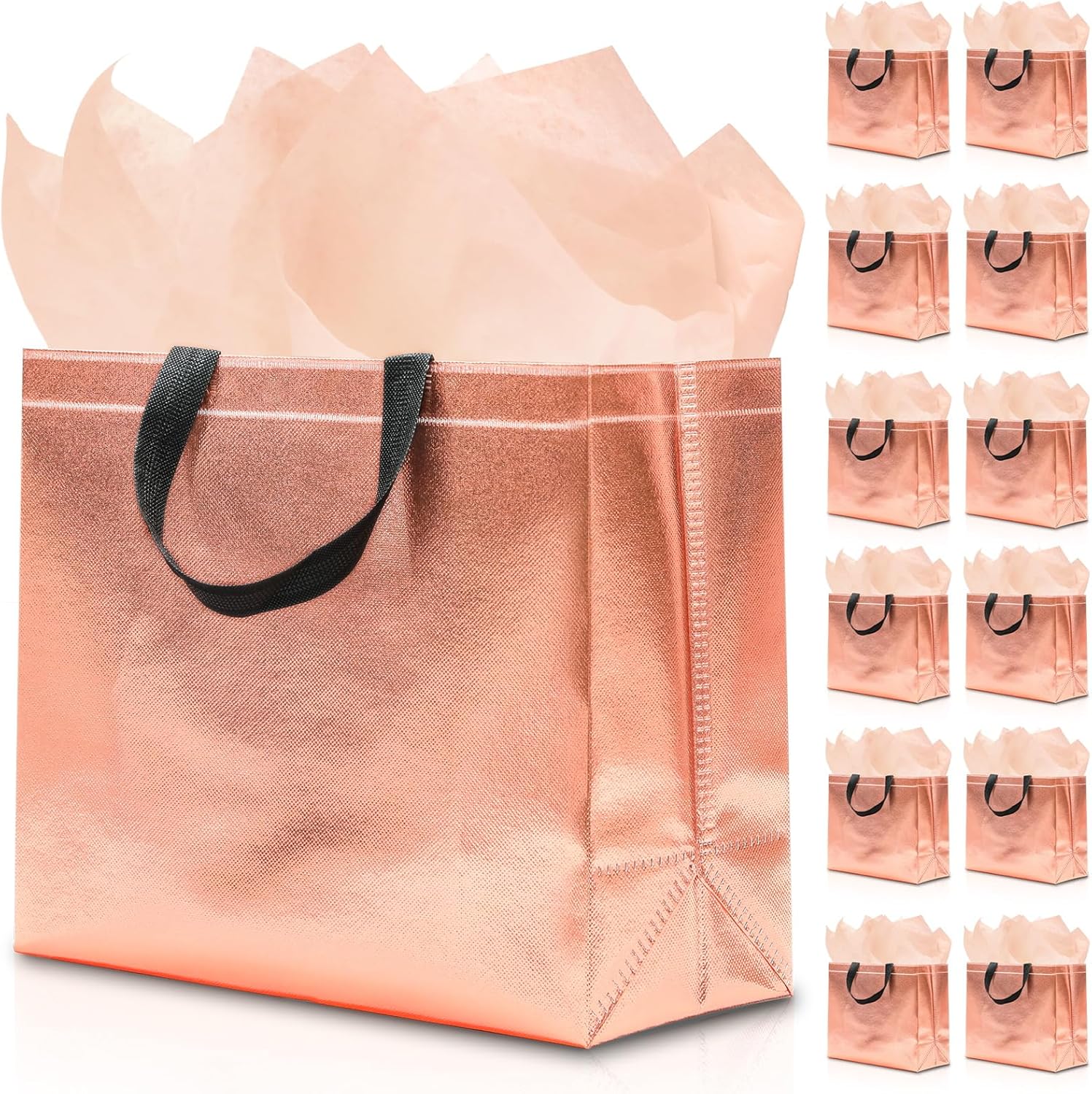 KeerxunBag 12Pcs Reusable Gift Bags(Includes Tissue Paper) Gift bag with handle Birthdays Parties Holidays Weddings Medium 13x5x11in Rose Gold Bags