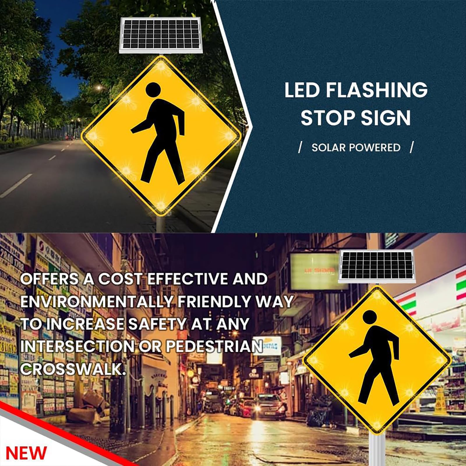 Señal solar de cruce peatonal, LED parpadeante, señal de advertencia reflectante para parques comunitarios, escuelas, carreteras urbanas, luz guía de seguridad callejera