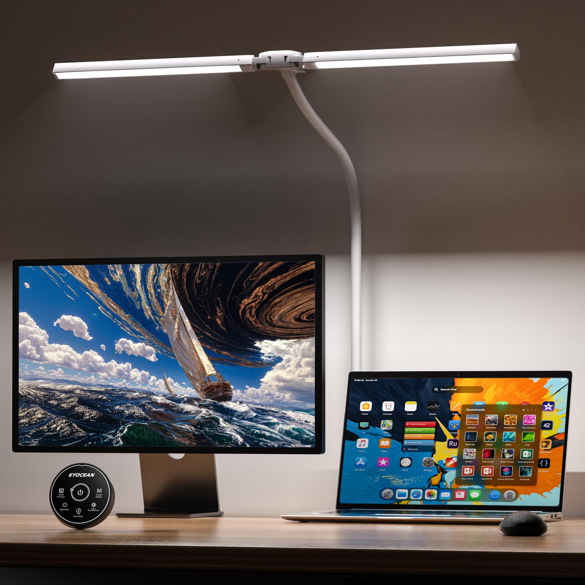 EYOCEAN Schreibtischlampe, Doppelkopf Schreibtischlampe Kinder, Augenschutz Desk Lamp, 16W 72cm Tageslichtlampe Schreibtisch mit Fernbedienung, Dimmbare Monitor Lampe, Schwanenhals Büro Tischlampe