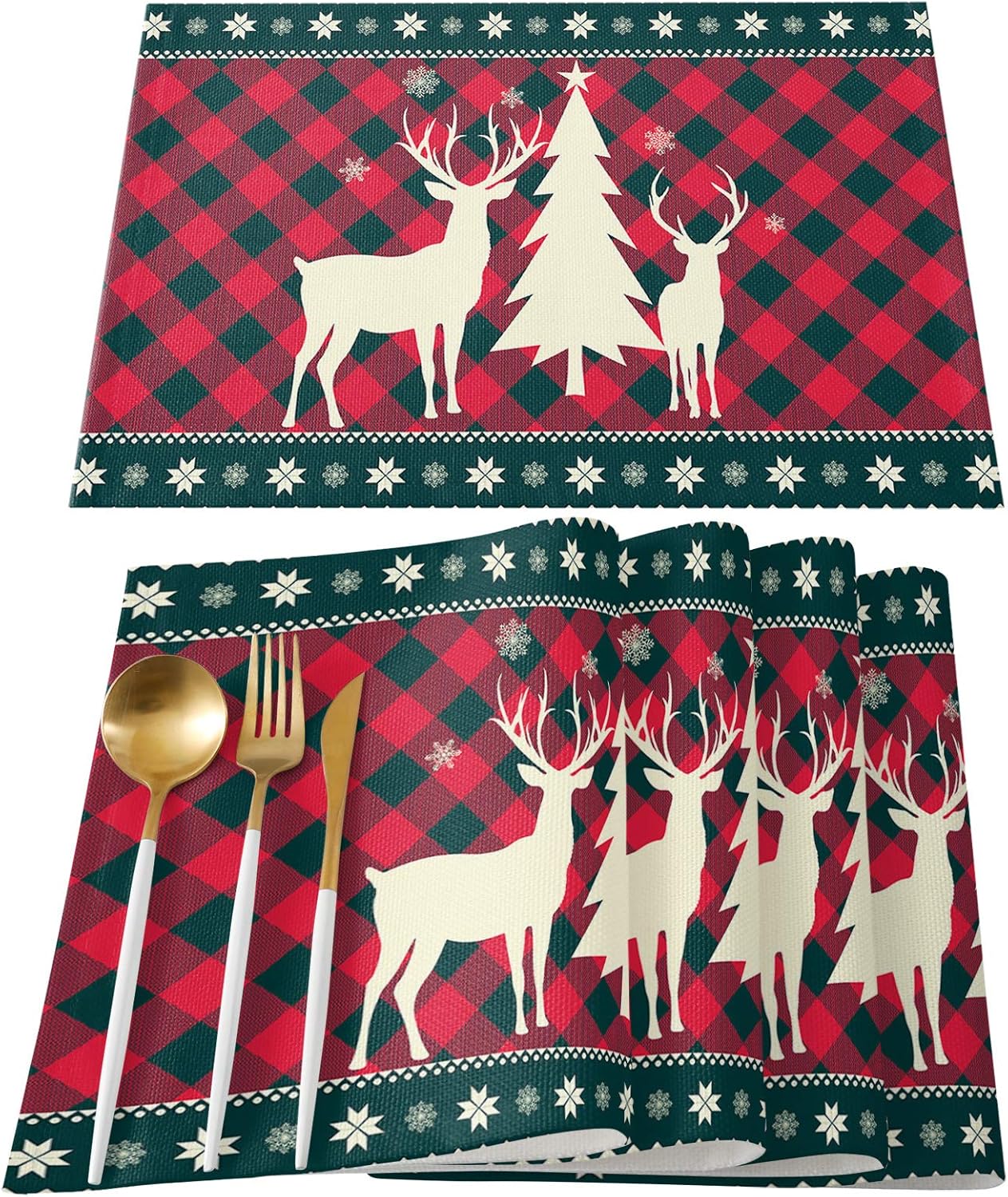 Red Placemats Set of 4,Christmas Snowflake Reindeer Buffalo Plaid Farmhouse Placemat Kitchen Table Mats Washable Non-Slip Place Mats for Dining Table