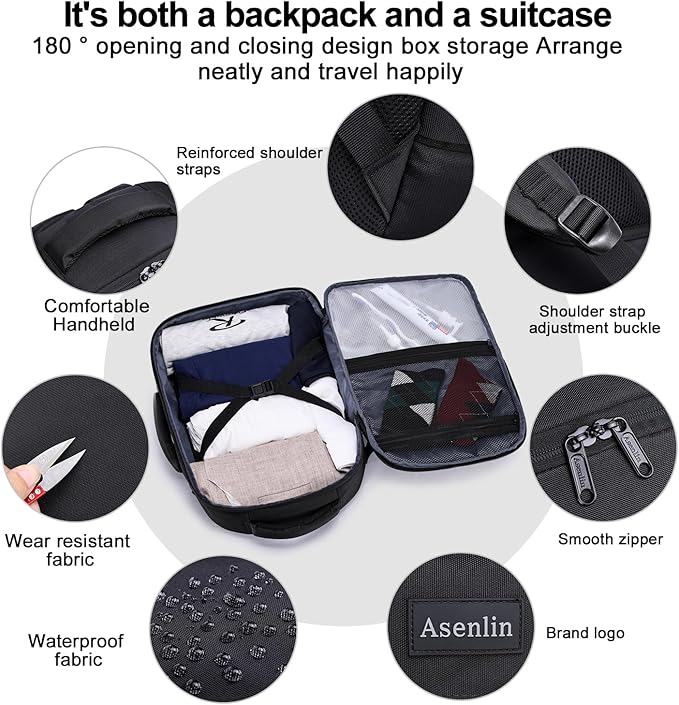 Asenlin Travel Backpack for Women and Men,15.6 Inch Carry on Backpack Flight Approved Luggage,Weekender Bag Water Resistant Laptop Backpack-Black