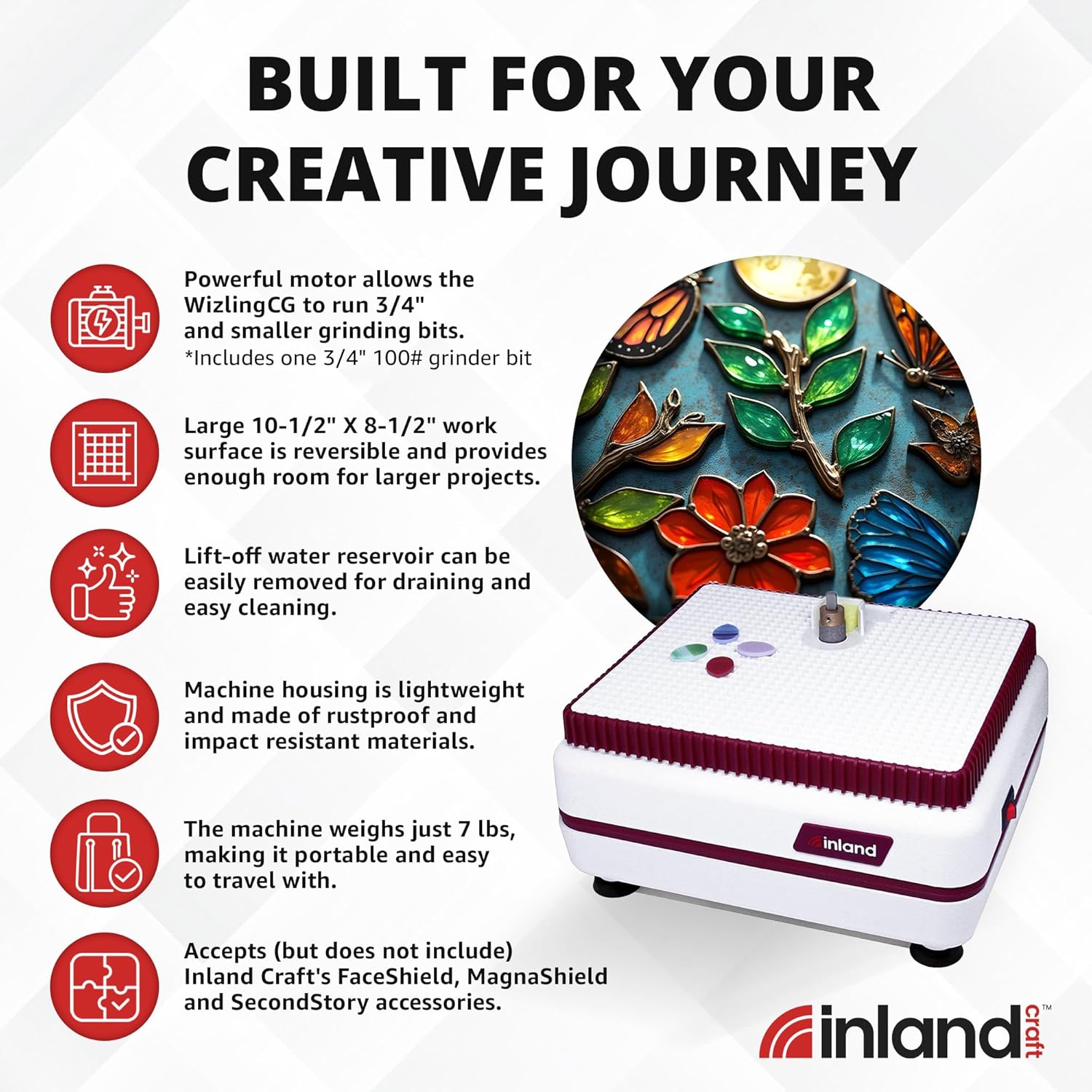 Inland Craft WizlingCG Glass Grinder, Precision Tool Edging Grinding Shaping Drilling, Essential Stained Glass Grinder Machine Mosaics for Professionals & Hobbyists, Includes Diamond Grinding Bit