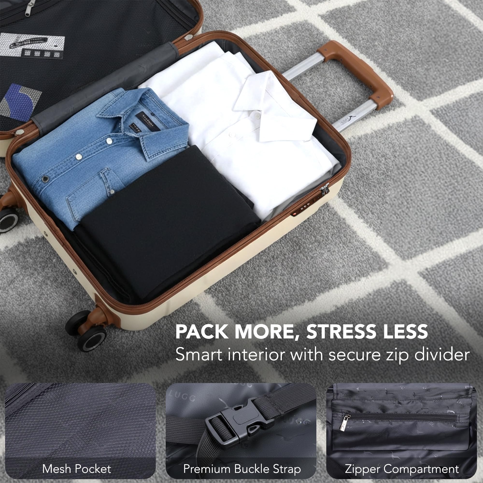 LUGG - Jetset 40cm Suitcase - 40x30x20cm- Ryanair Compatible - Underseat Size - Hard Shell ABS - Spinner & Removable Wheels - Lightweight Travel Luggage- Cream/Brown — view 309