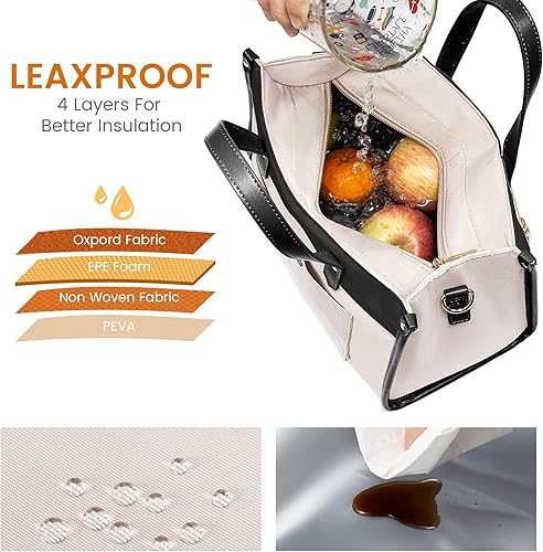 Miniatura 3 de LOVEVOOK Bolsa de almuerzo para mujer, bolsa de almuerzo aislada de gran capacidad para oficina, trabajo, picnic, playa, a la moda, beige y negro, S