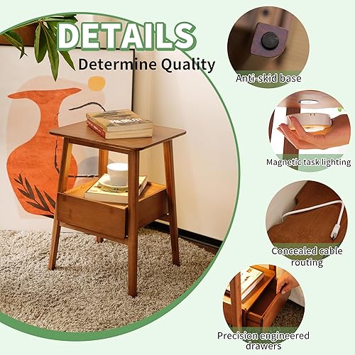 Miniatura 8 de Mesita de noche con cajón, mesita de noche moderna de mediados de siglo, mesitas de noche con estante de almacenamiento abierto, mesa auxiliar de