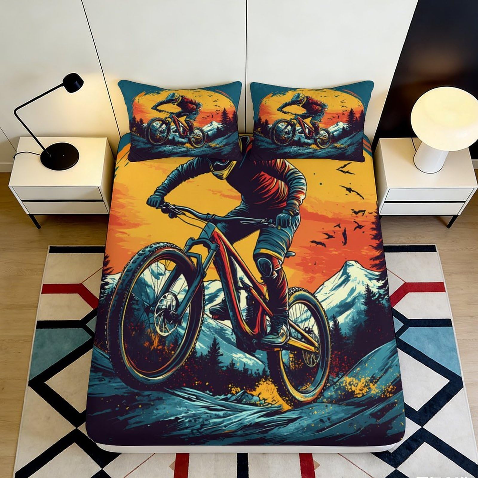 3D Printed Mountain Bike Fitted Sheet Microfiber Breathable Sunset Rider Mattress Cover for Bedroom Dorm Decor 90x200x25cm