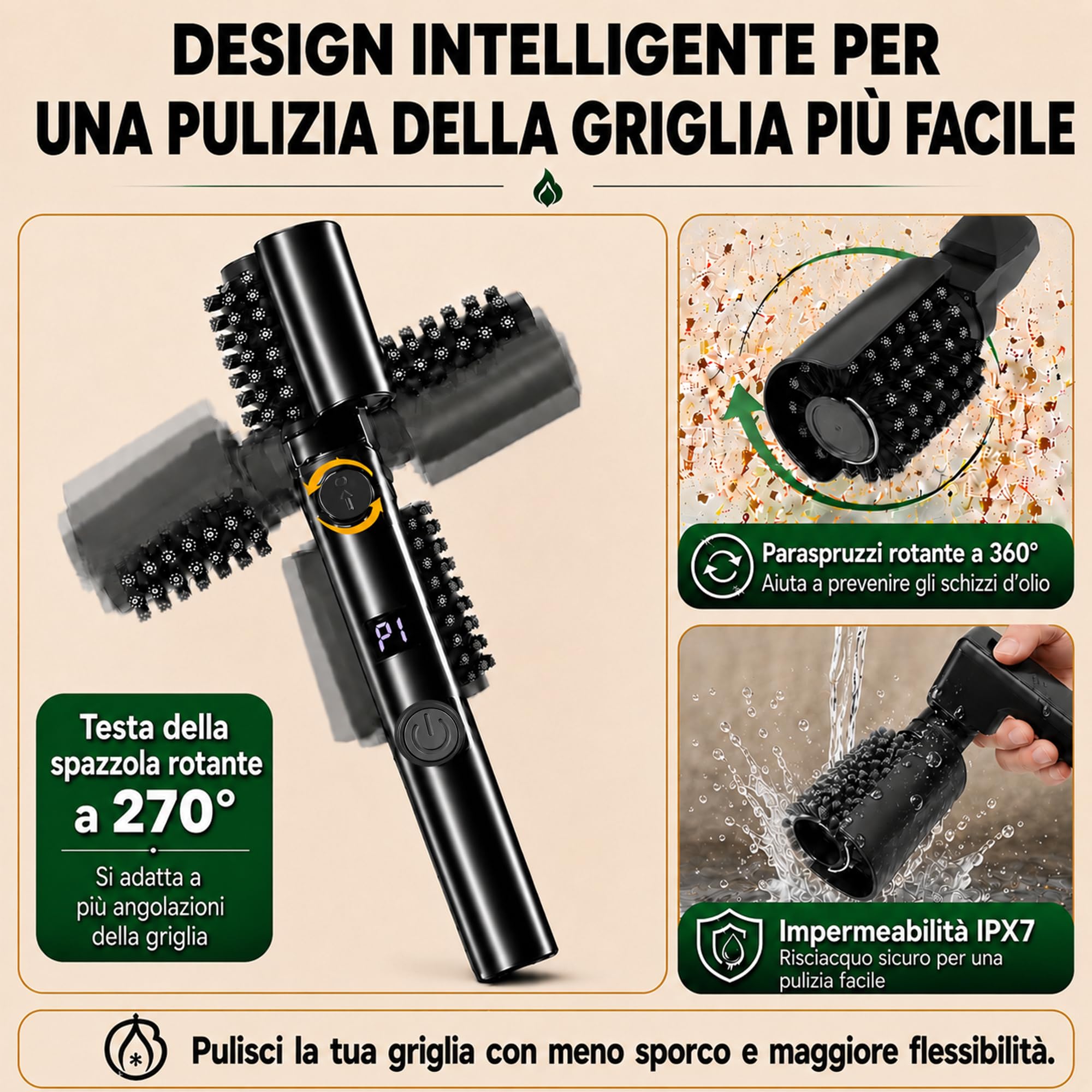 Spazzola Elettrica per Barbecue Senza Fili 270° Regolabile 2 Testina | in Acciaio Inox & Lucidante, Ricaricabile USB-C Pulitore Griglia 3 Velocità , 120 minuti, per Campeggio & BBQ Griglia
