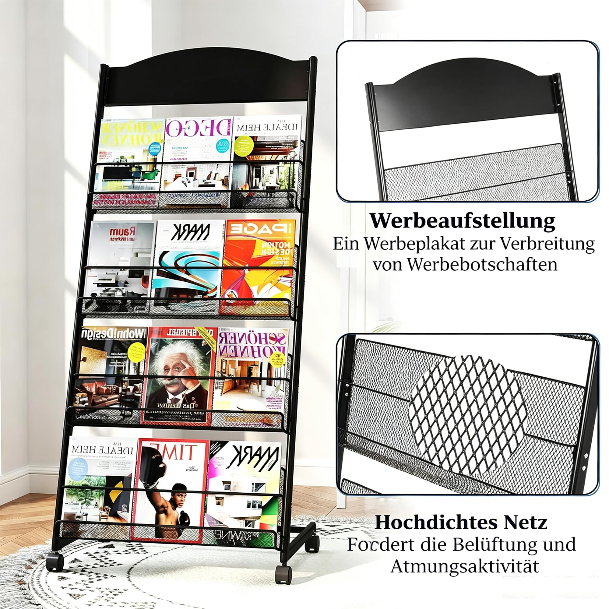 bimiti Prospektständer a4 mit Universalrädern, Zeitschriftenständer 4 Schichten,Schrägsteller Rollbarer Zeitschriftenhalter für Büro, Messen, Messen