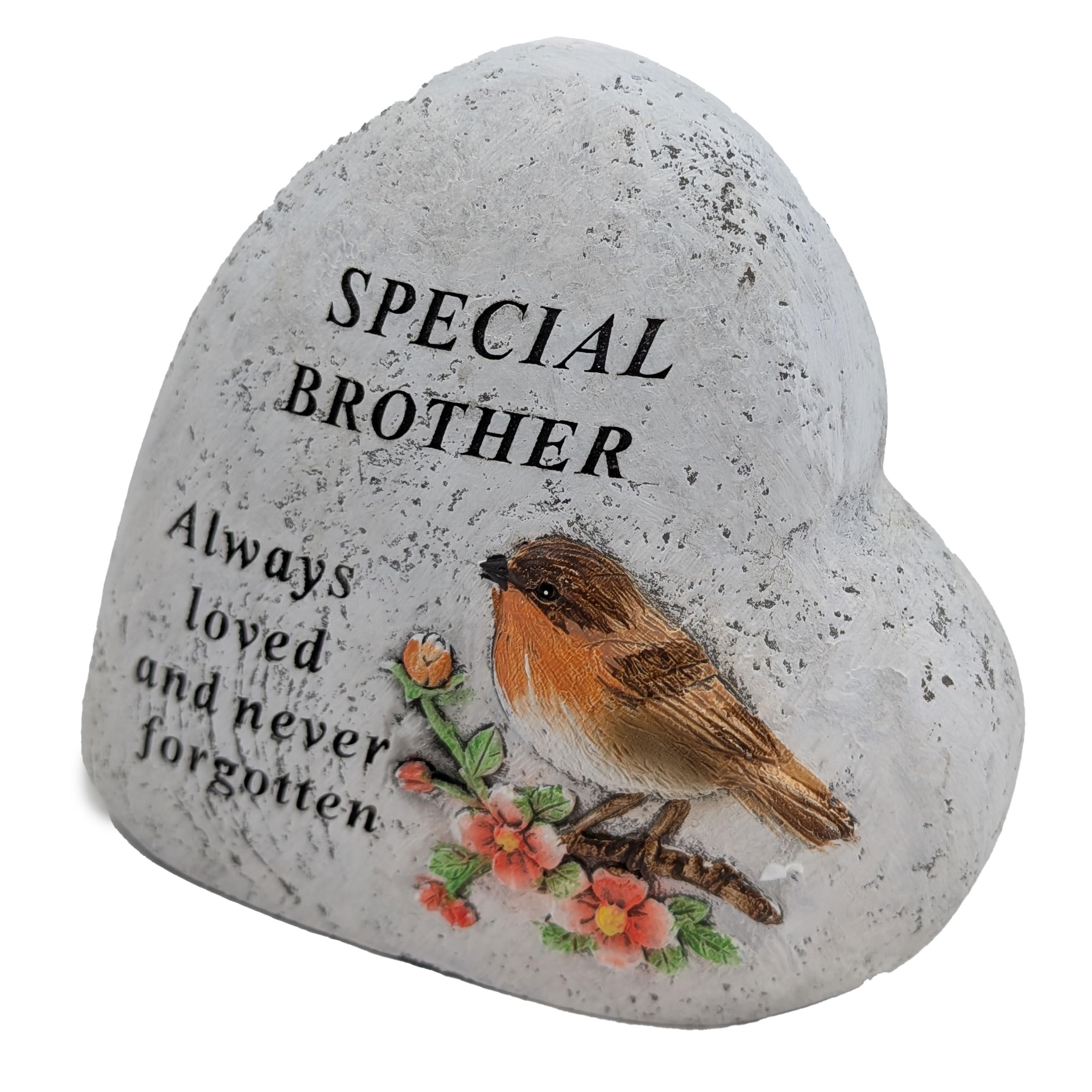 Brother Memorial Heart Ornament with Robin and Floral Stone Effect Plaque