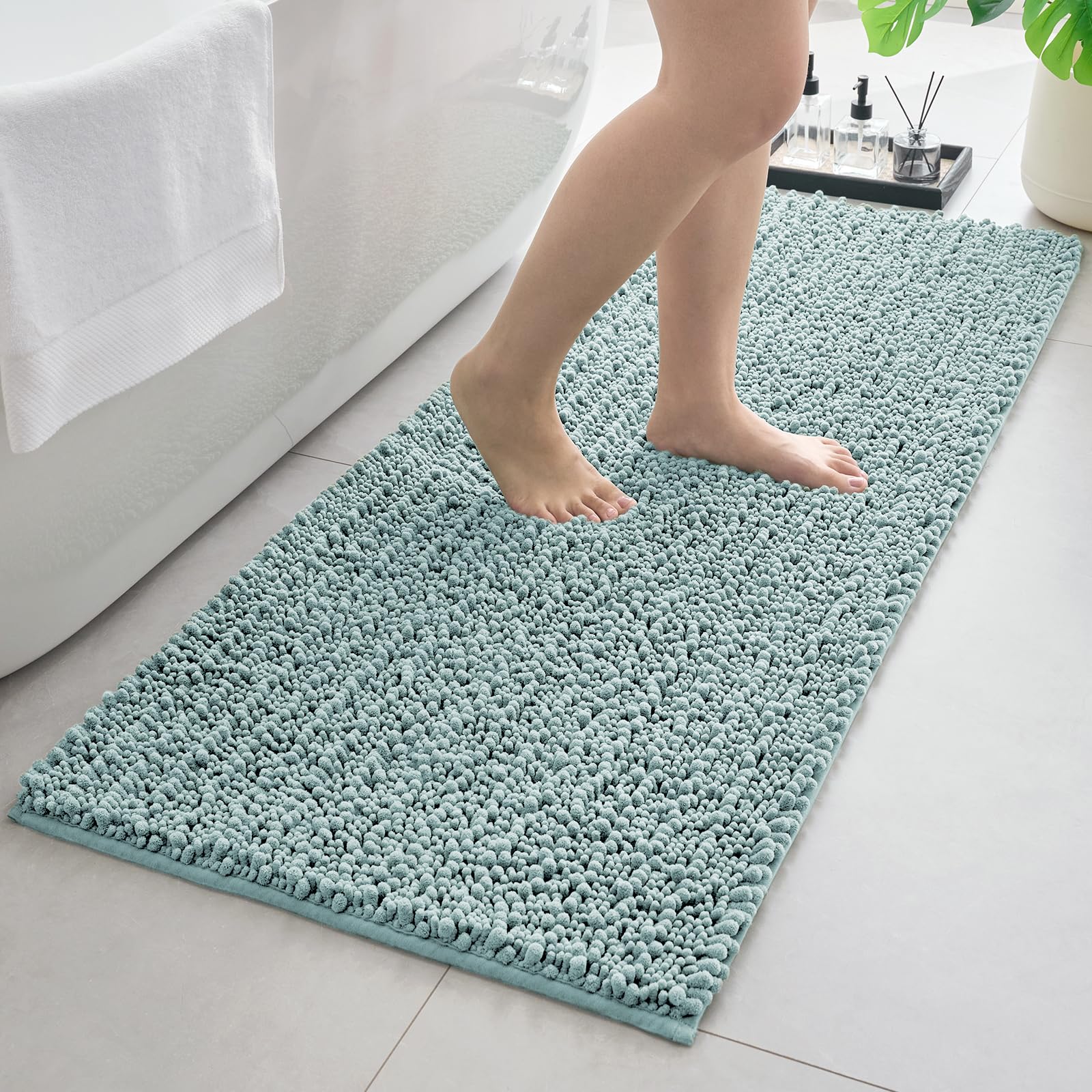 Chenille Bathroom Rugs 44x24 Absorbent Soft Non Slip, Fresh Blue