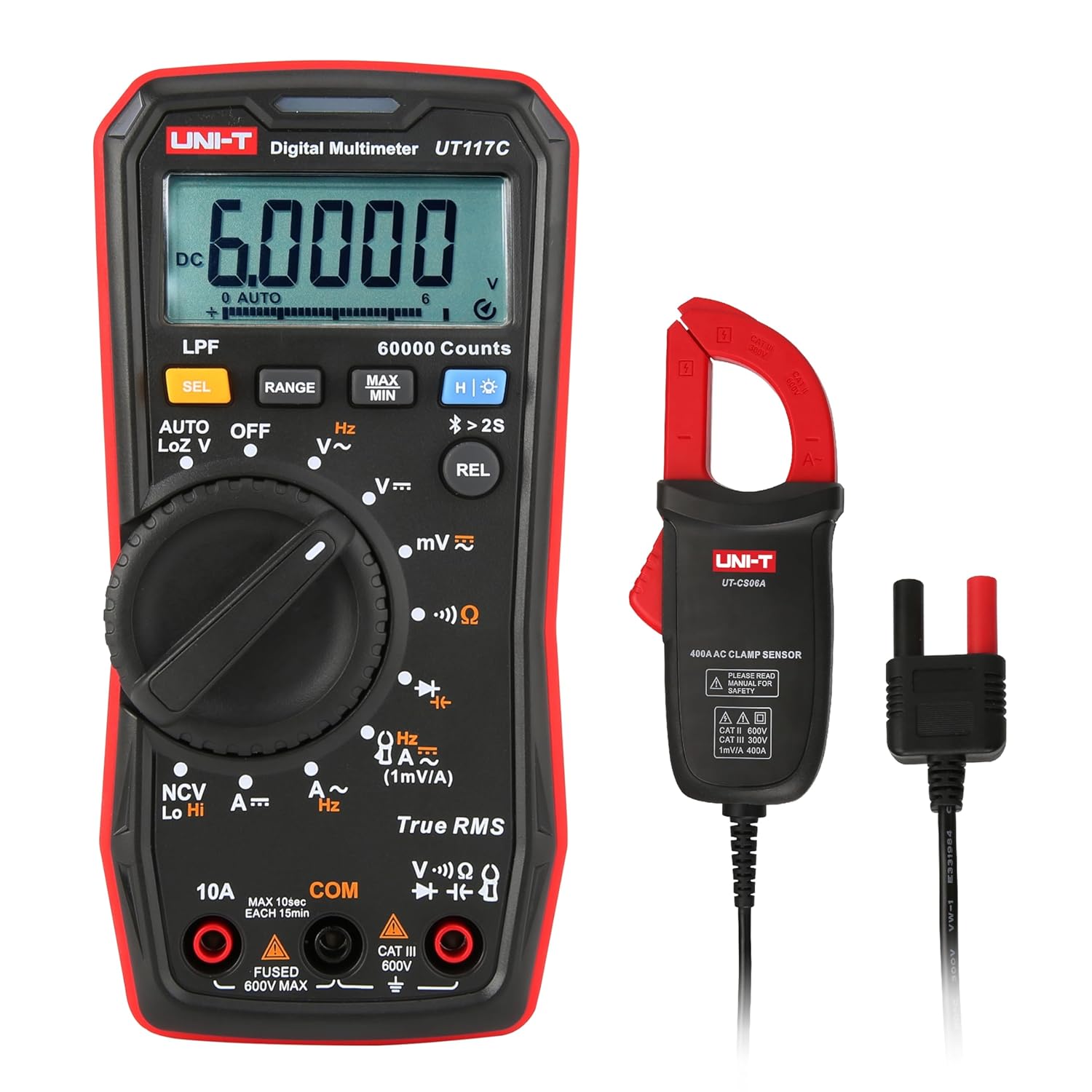 UNI-T UT117C Digit Multimeter True RMS 60000 Count Full-Range Overload Protection Multi-Purpose MeterOhmmeter with Current Clamp NCV LOZ LPF (UT117C +UT-CS06A)