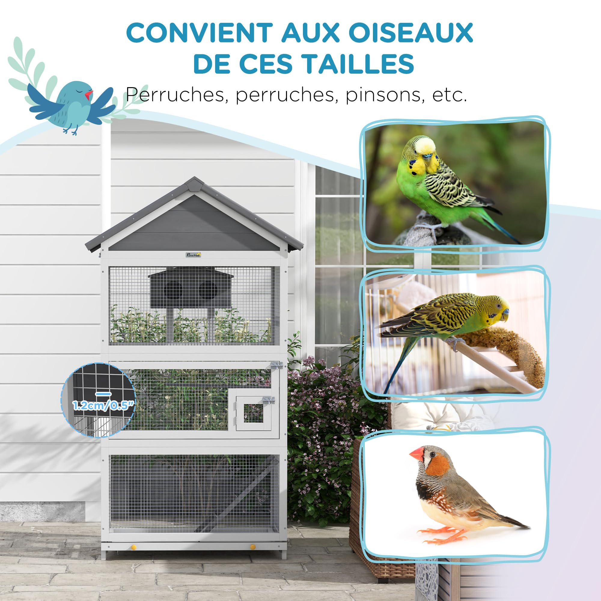PawHut Cage à Oiseaux en Bois, Cage Perroquet, Aire de Jeux, volière Oiseaux extérieur, Toit Asphalte imperméable, pour Perruche, calopsitte, Conure, canaris, 92 x 52 x 171 cm, Gris
