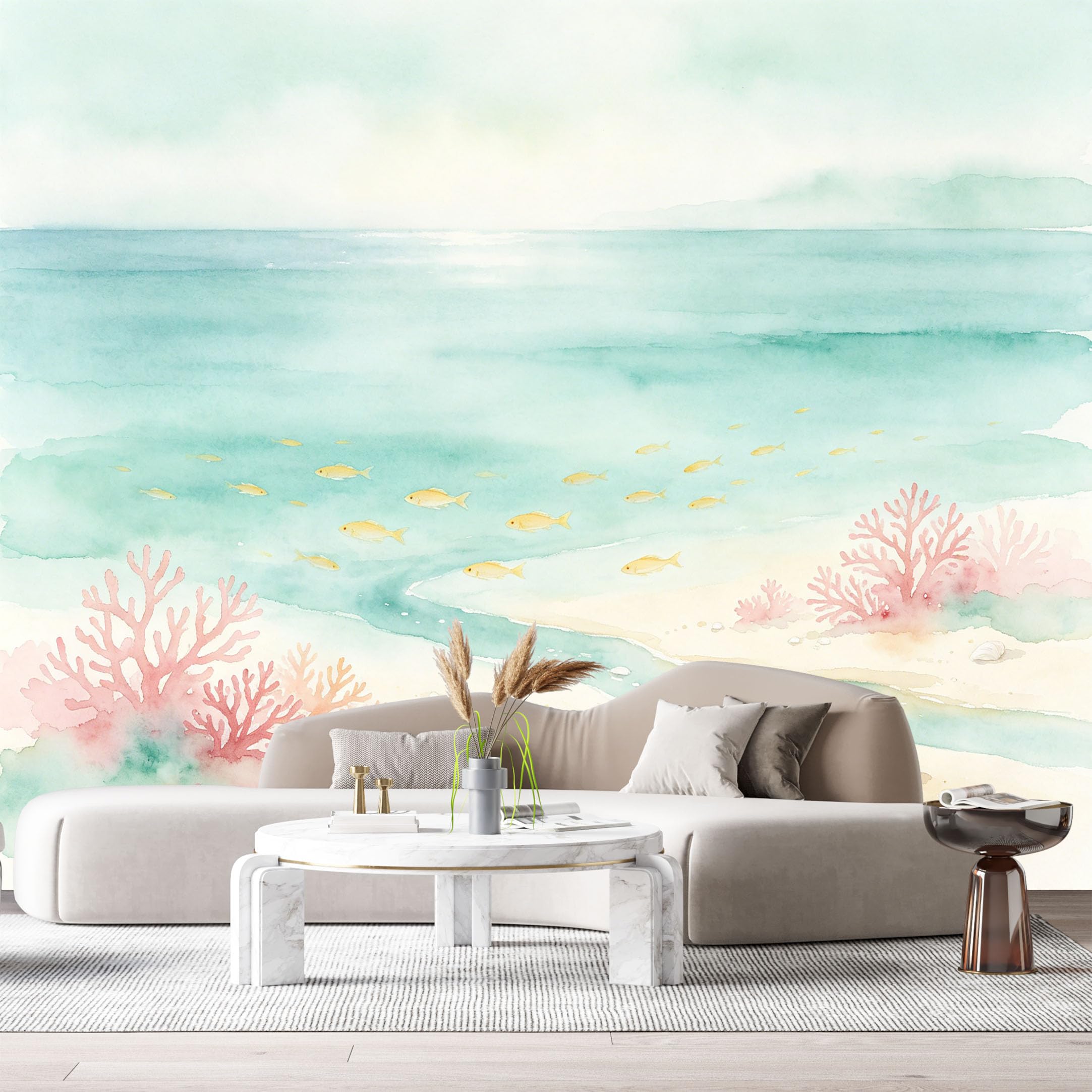 Custom Size Wall Murals Coastal Ocean Watercolor Coral Reef Fish SelfAdhesiveWall Fabric Removable Wallpaper Wall Decor for Living Room Bedroom Bathroom