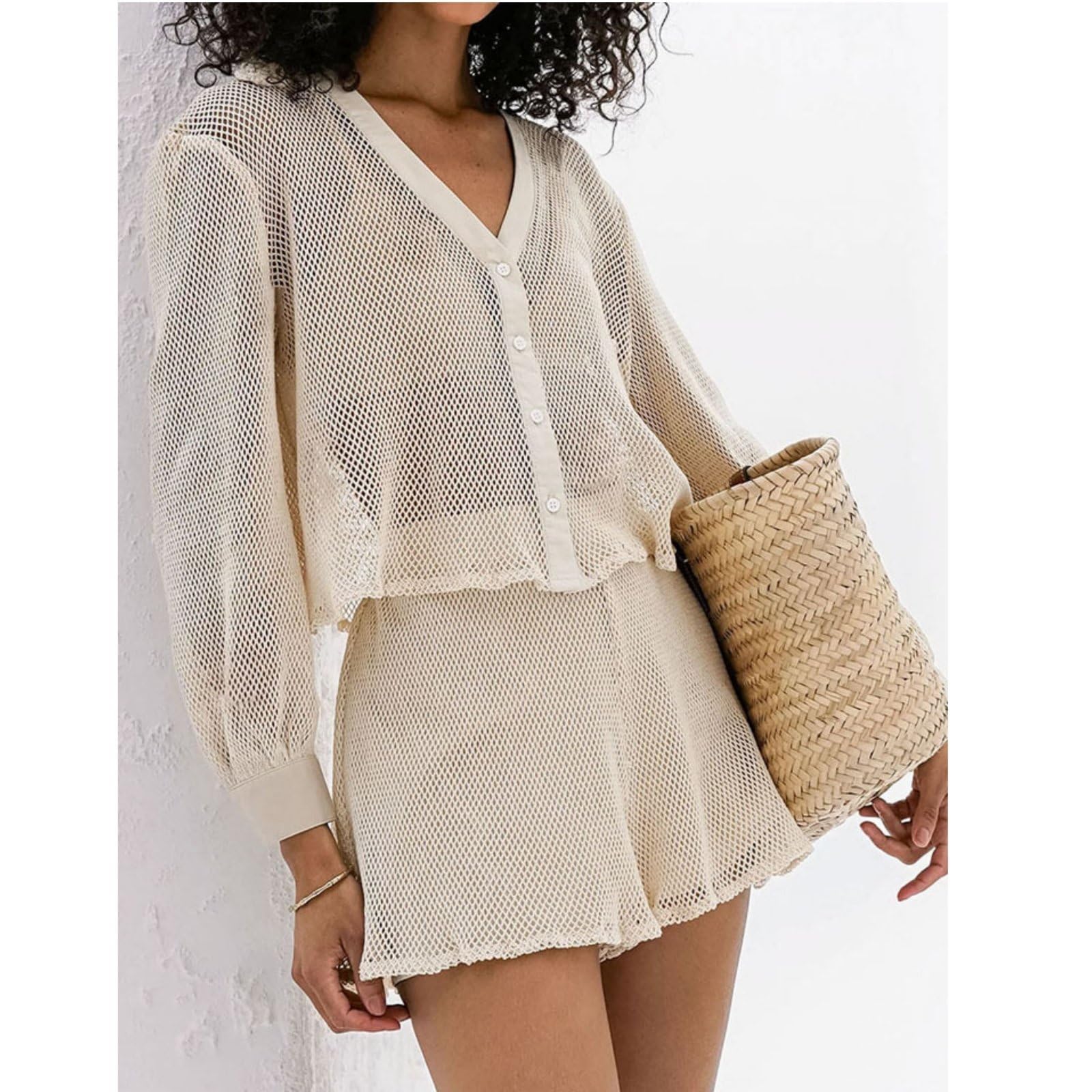 Costume Da Bagno Da Donna Cover Up Set Hollow Out Knit Button Down Cover Up Shorts Set Abiti Da Vacanza in Spiaggia
