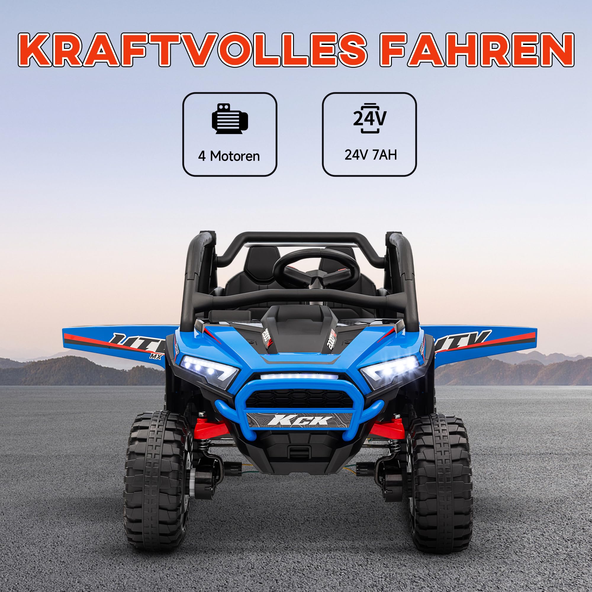 AIYAPLAY Kinder Elektroauto 24V mit 2,4 GHz Fernbedienung 3-8 Jahre Blau | Kinderauto UTV, 4 Motor, Kinderfahrzeug mit Hupe, Musik, Scheinwerfer, Elektrofahrzeug