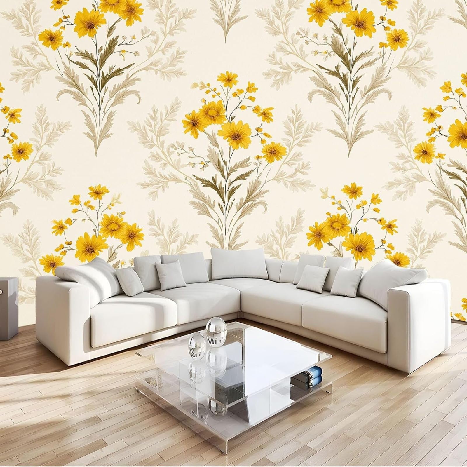 hgjdjhnf Landscape Photo Wallpaper, Yellow Wildflowers, Non-Woven wall Decoration, wall Covering, Decoration for Study, Room, Living Room, Restaurant, Cafe, Beige, 350cm x 256cm