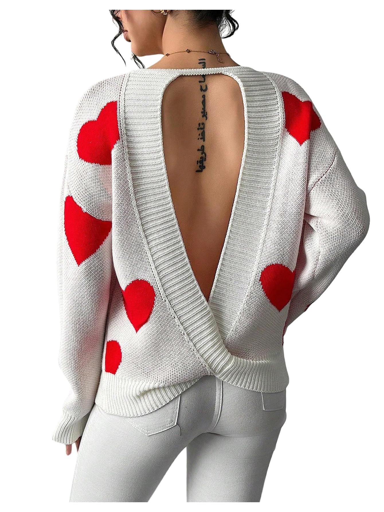 Verdusa Womens Heart Cut Out Backless Lightweight Sweaters Colorblock Knit Tops Early Fall Fashion