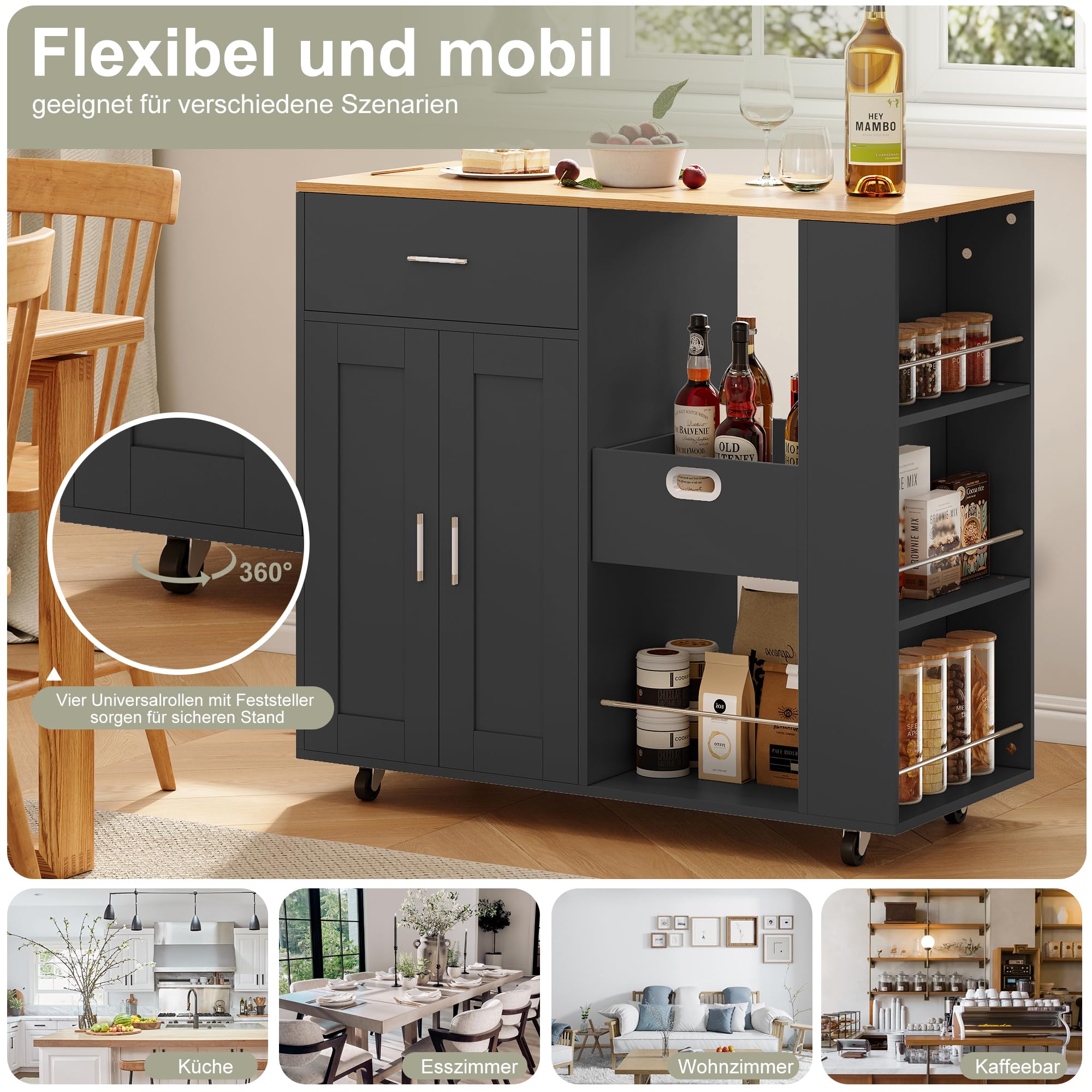 Wózek kuchenny z dębowym blatem roboczym 102 x 46 x 92 cm, wózek z półką boczną, kredens, wyspa kuchenna, szafka kuchenna i wózek do serwowania na kółkach, mobilny wózek do przechowywania w