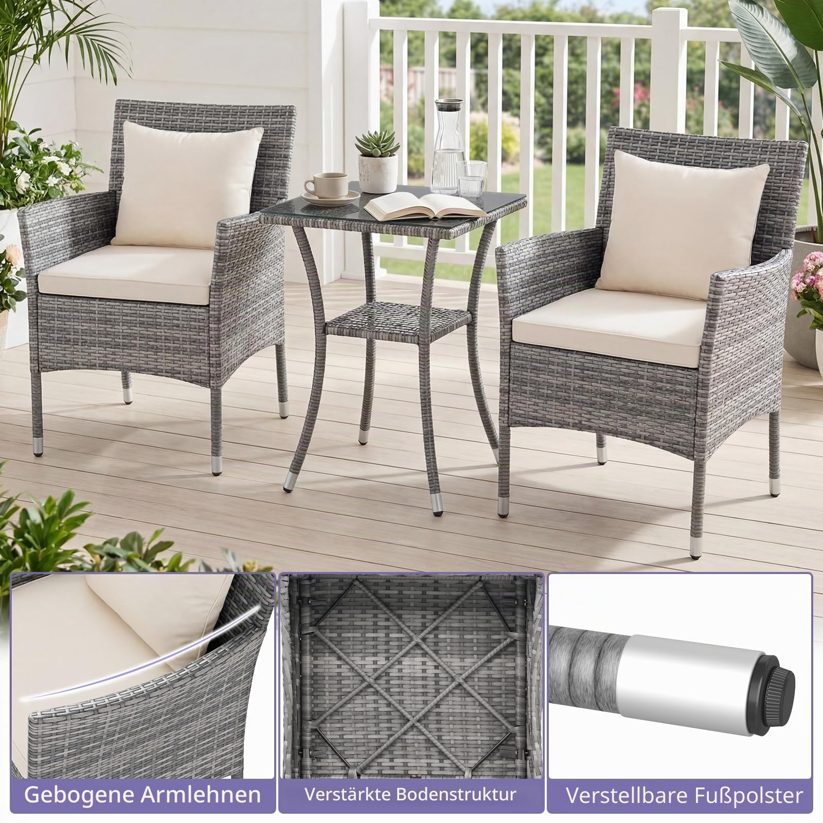 LIFEZEAL Gartenmöbel Set PE-Rattan, Balkonmöbel Set inkl. 2 Stühle mit Sitzkissen & Gartentisch, 3 TLG. Sitzgruppe für 2 Personen, Lounge Set für Balkon, Terrasse, Hof (Beige)