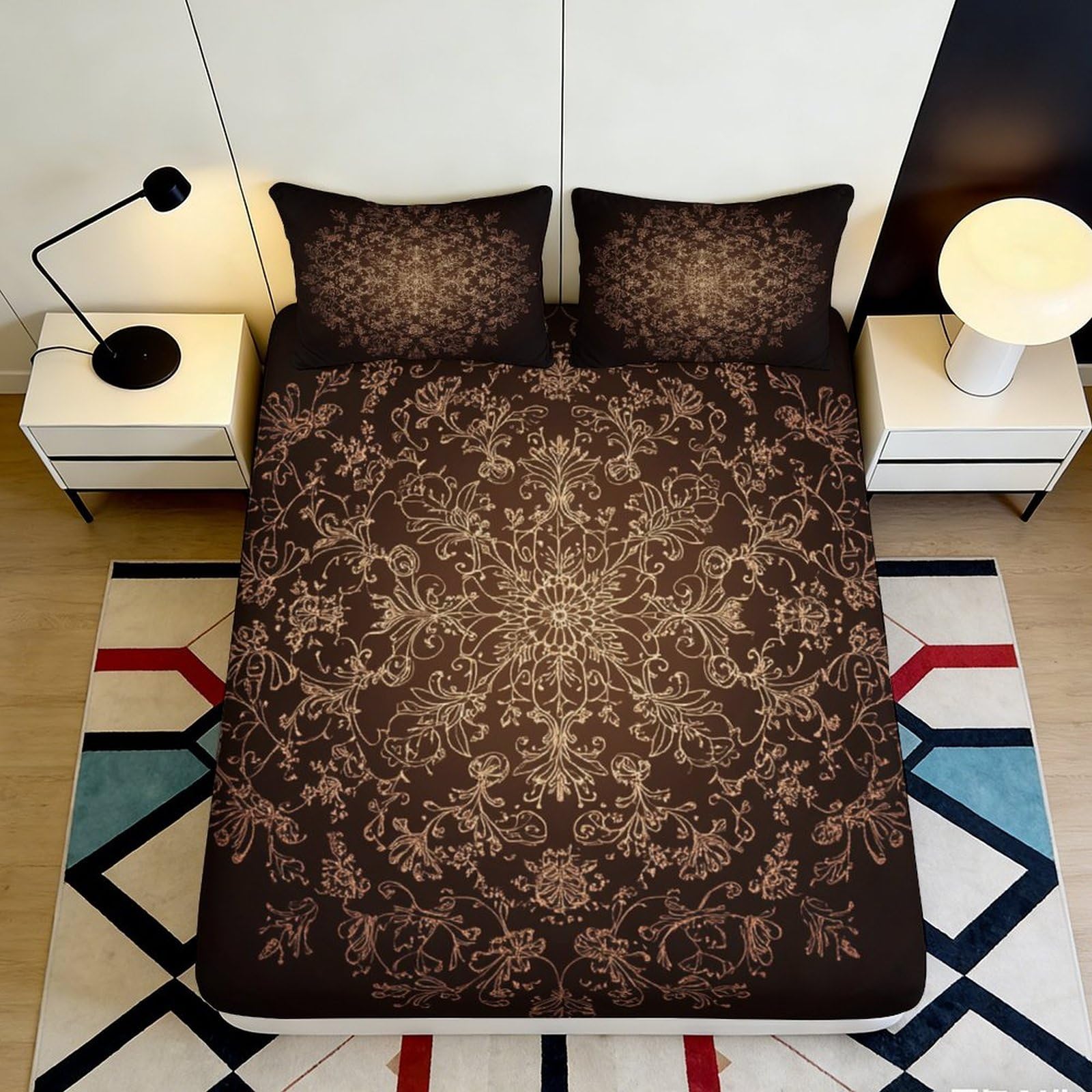 3D Printed Vintage Floral Fitted Sheet Microfiber Soft Breathable Ornamental Bed Cover for Bedroom Dormitory Guest Room Mattress Protection 160x200x25cm