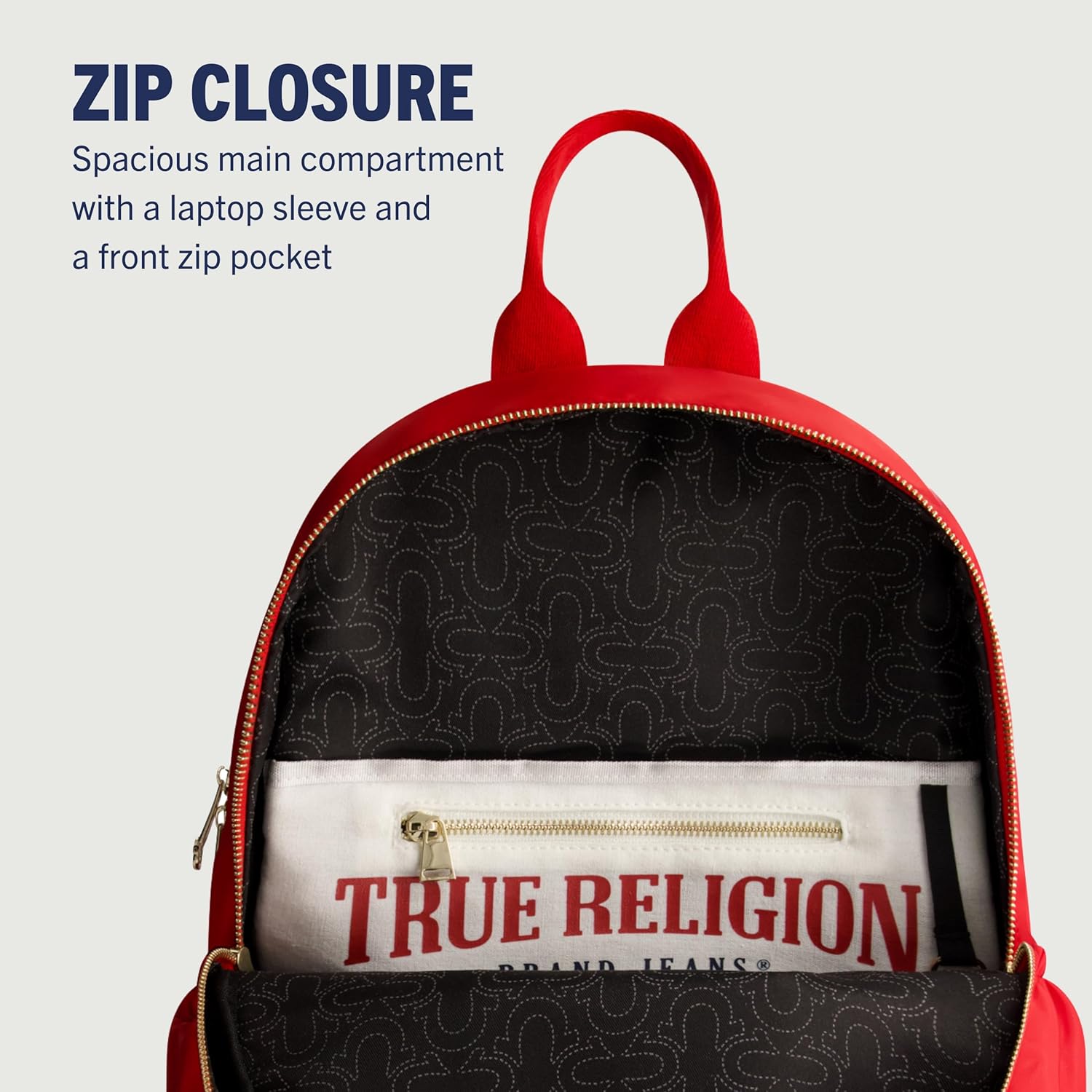 True Religion Backpack, Zip pocket, Horseshoe Logo Travel Bag, Red