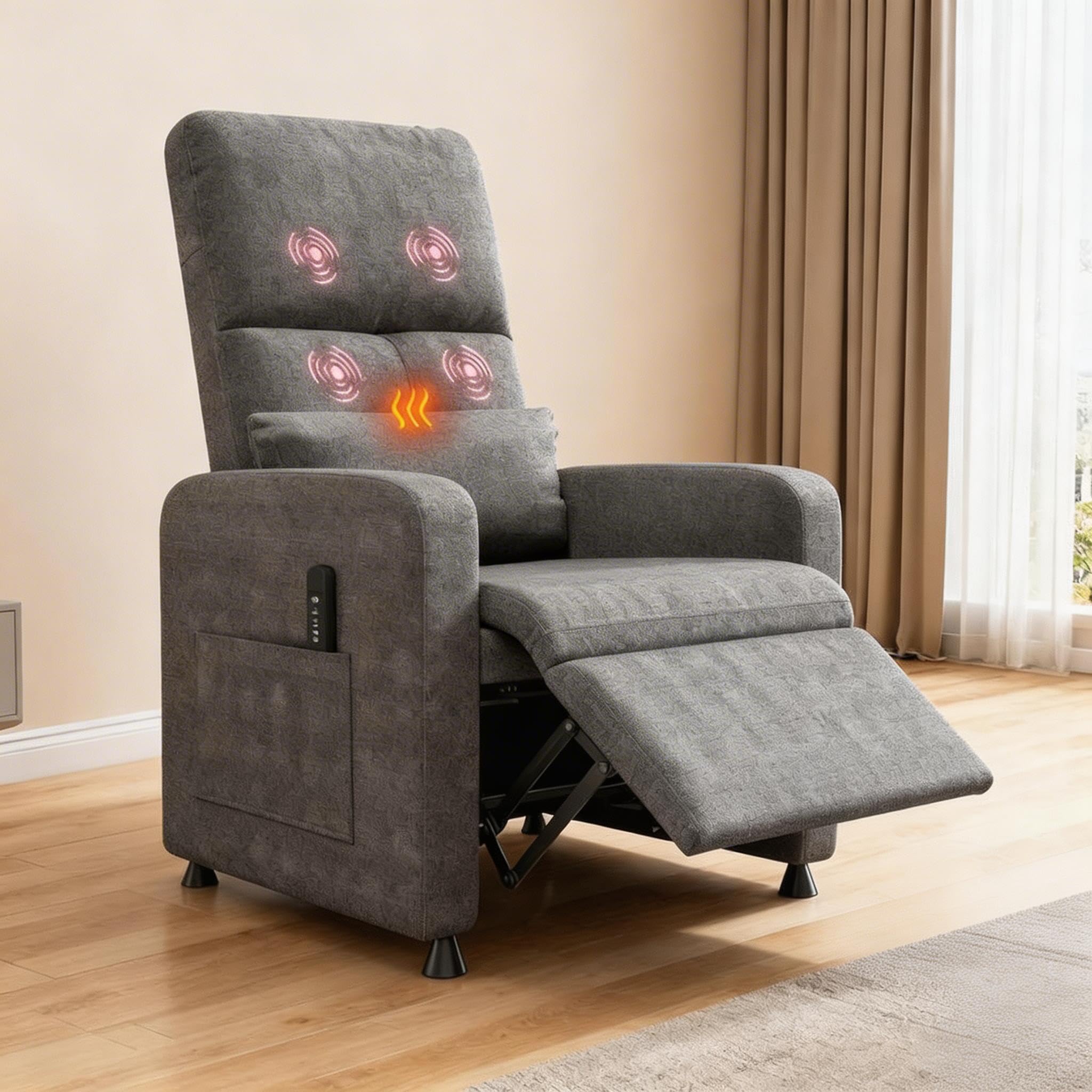 GarveeLife Sillon Relax Reclinable - con Masaje Eléctrico y Calor Lumbar - Sillón Reclinable Eléctrico Ajustable para Salone y Recepciones - Soporte Lumbar, Bolsillos Laterales - Tela de Lino, Gris