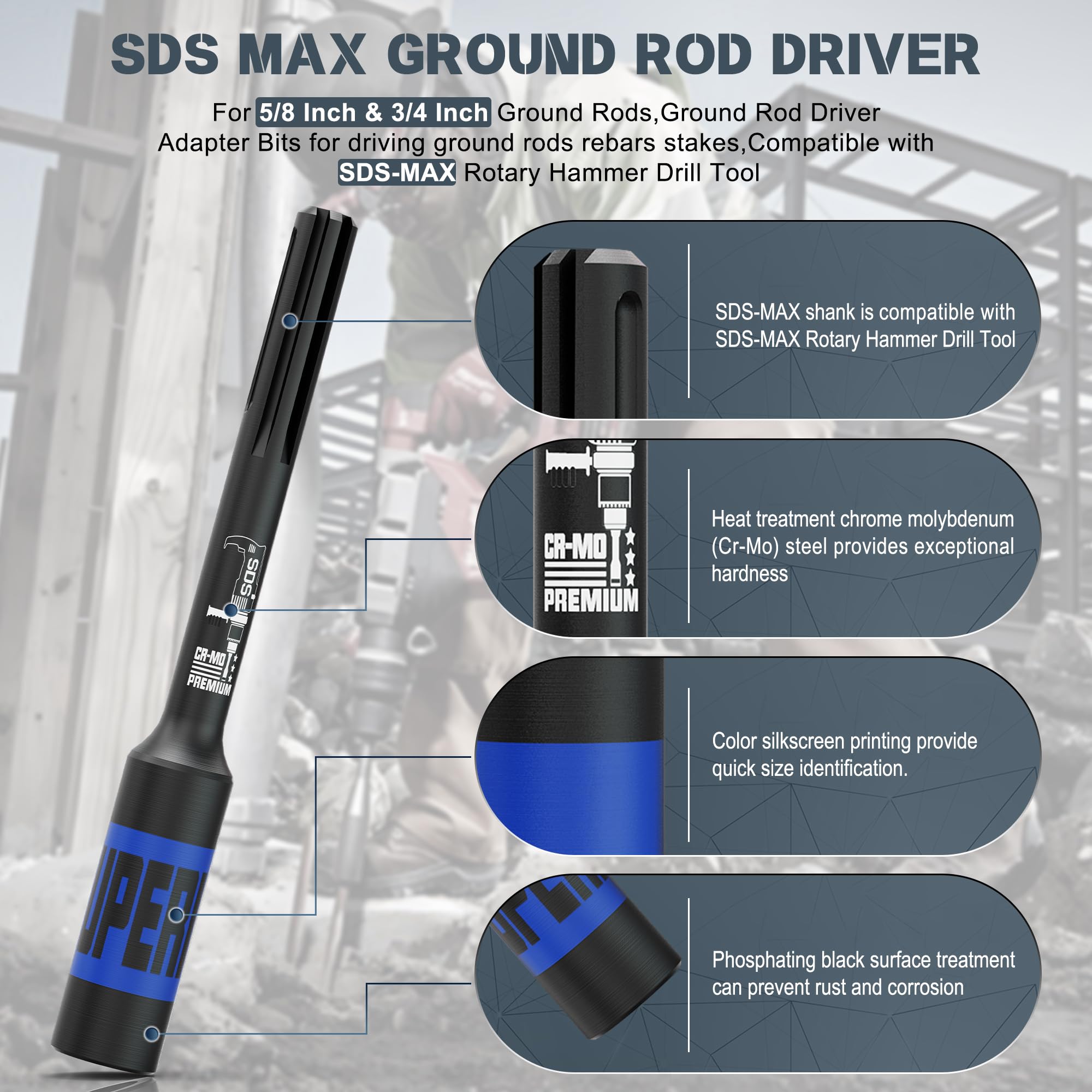 SDS-Max Pilote de tige de terre pour l'entraînement de barres de terre, embouts d'adaptateur de tige de terre, compatible avec marteau rotatif SDS-Max, diamètre intérieur 20 mm
