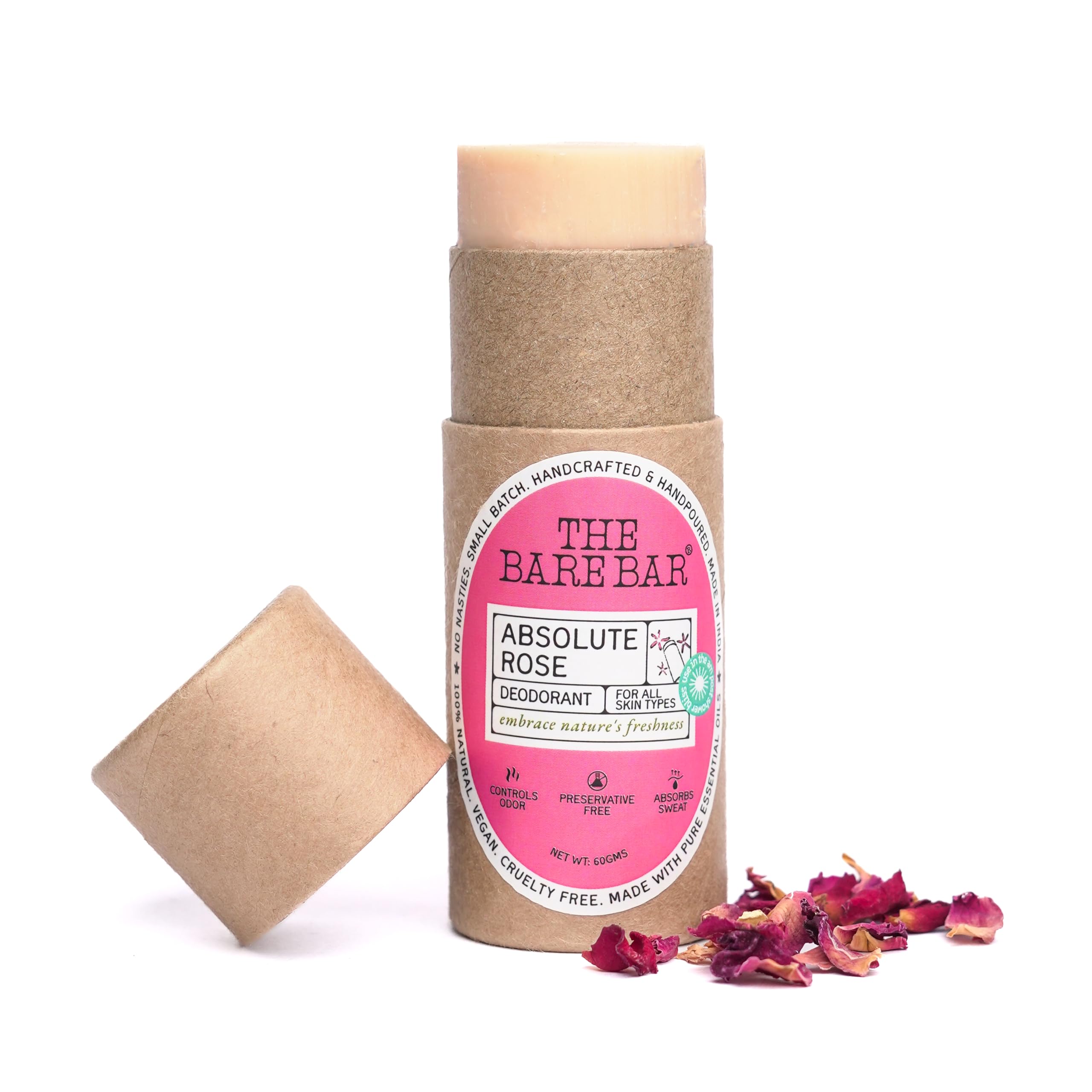 The Bare Bar Absolute Rose Deodorant Stick - 60 gm | Floral Fragrance| Odor & Sweat Control |Natural formula & Chemical free|Good for all skin types|Travel Mini Size Solid Deodorant for Men & Women