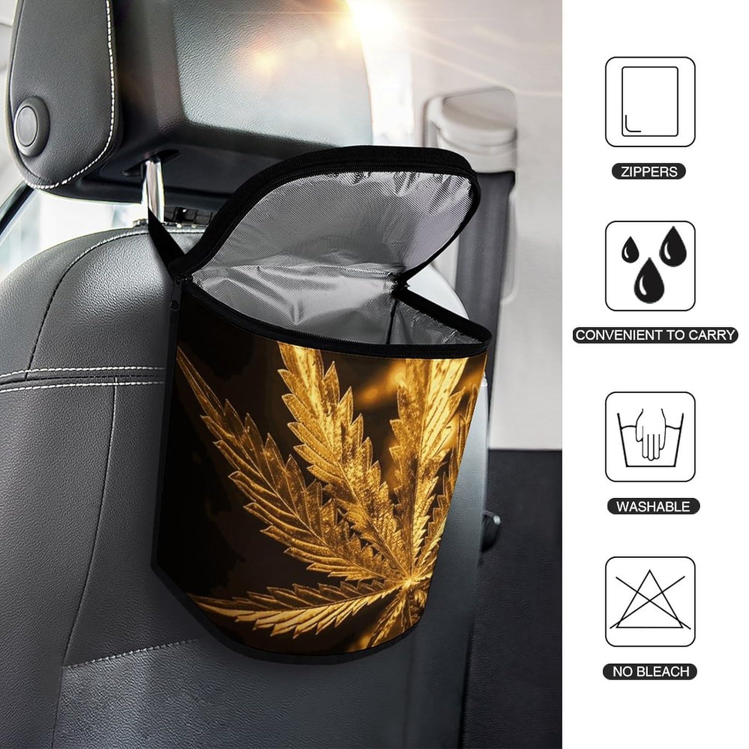 Hanging Car Trash Bag Golden Cannabis Printed Car Garbage Storage Bag Leakproof Car Trash Can Portable Garbage Storage Bags