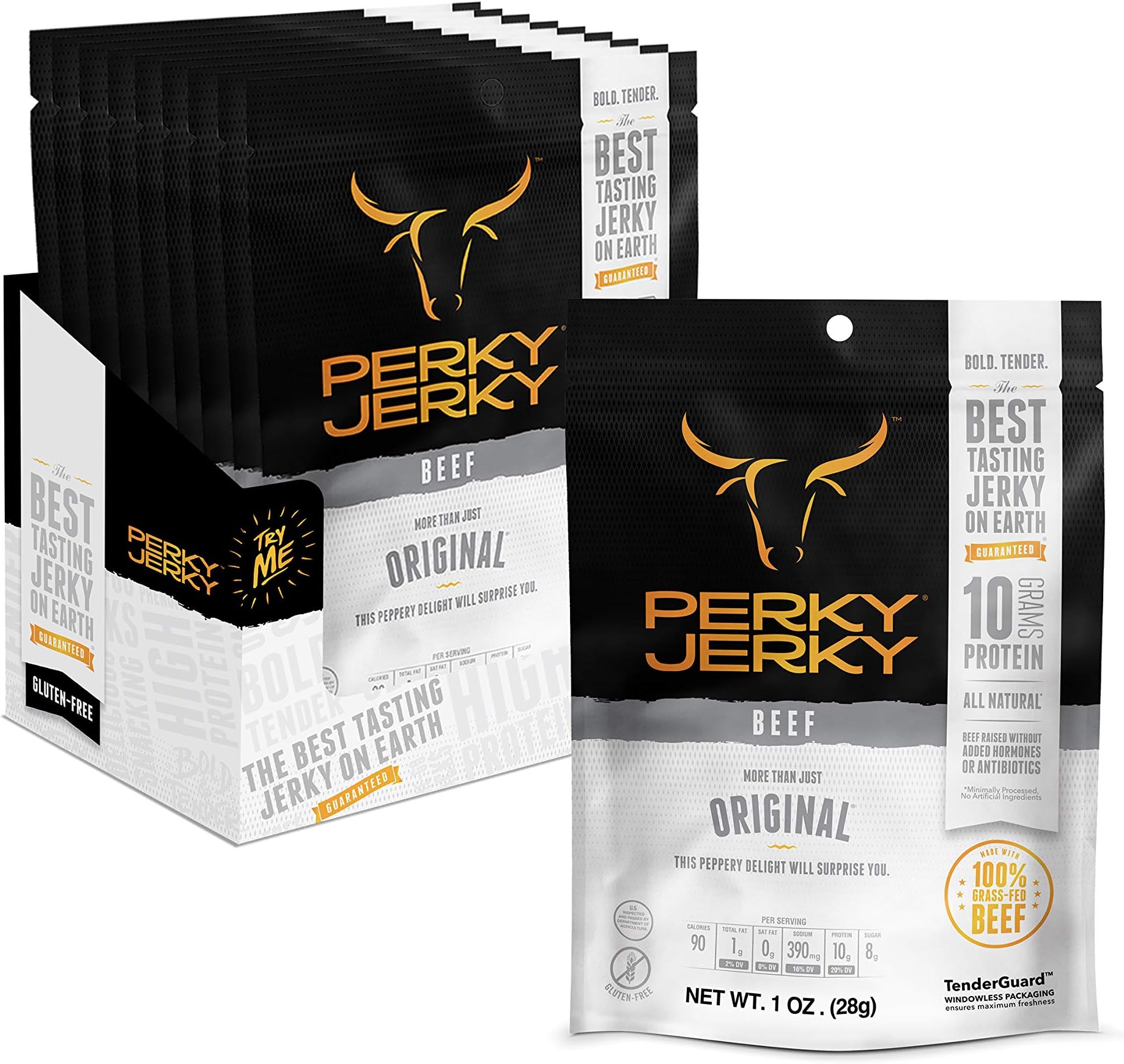 Original 100% Grass Fed Beef Jerky, 1 oz (Pack of 12) - Antibiotic Free - 10g Protein Per Serving - Low Fat - Tender Texture and Bold Flavor