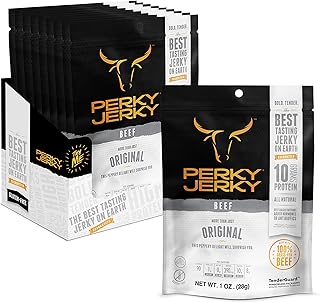 Perky Jerky Original 100% Grass Fed Beef Jerky, 1 oz (Pack of 12) - Antibiotic Free - 10g Protein Per Serving - Low Fat - ...