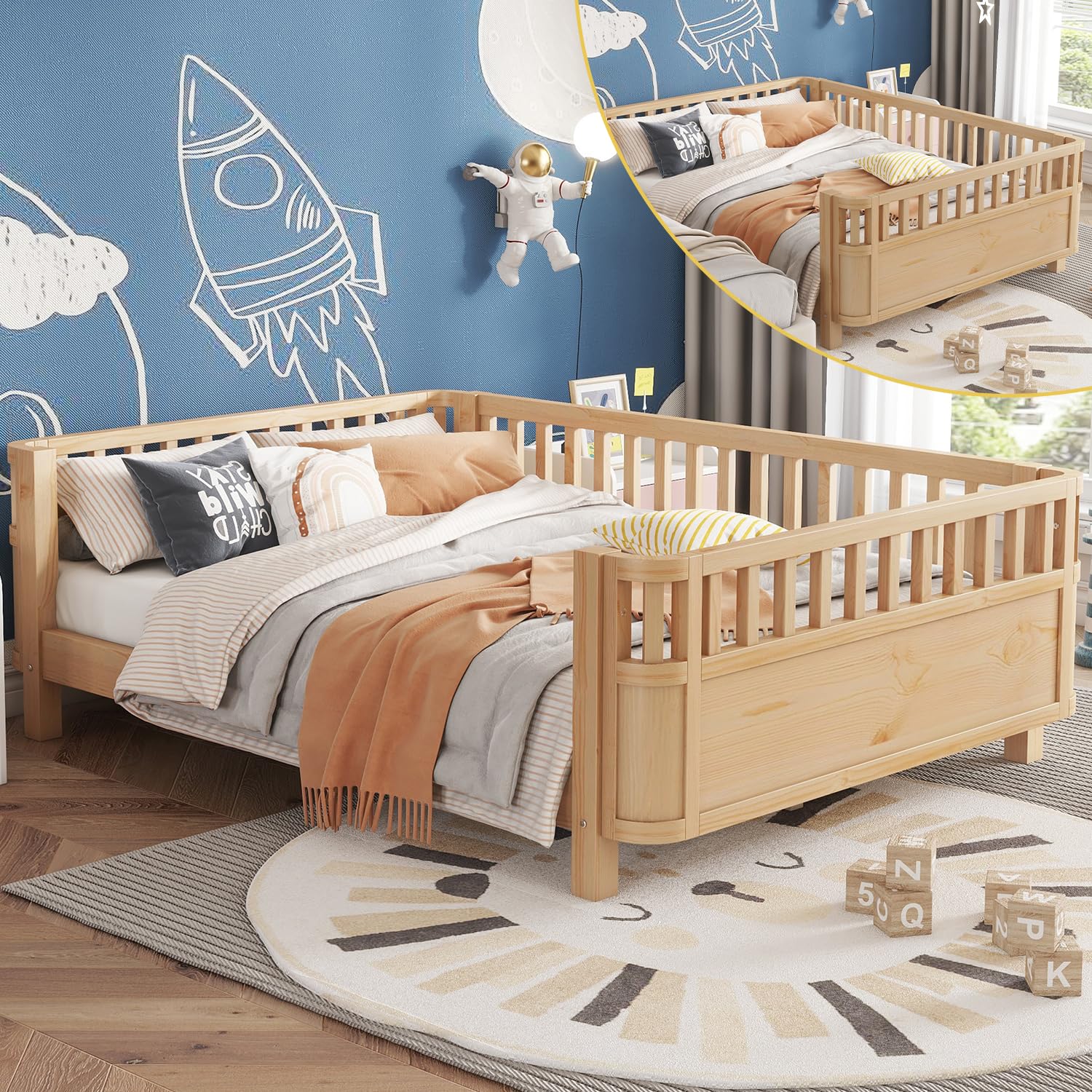 OYUMOENTS Full Size Kids Bed Frame, Low Profile Montessori Bed Full with Rails, Wood Daybed for Girls & Boys, No Spring Box Required, No Squeaks, Natural