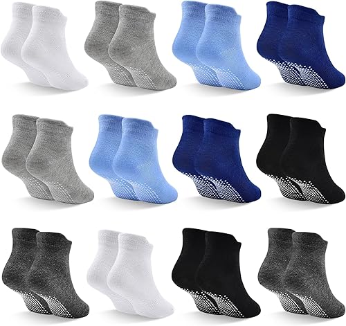 SkiBeaut 12 pares de calcetines antideslizantes para niños y niñas con agarres, calcetines antideslizantes para niños pequeños de 1 a 7 años