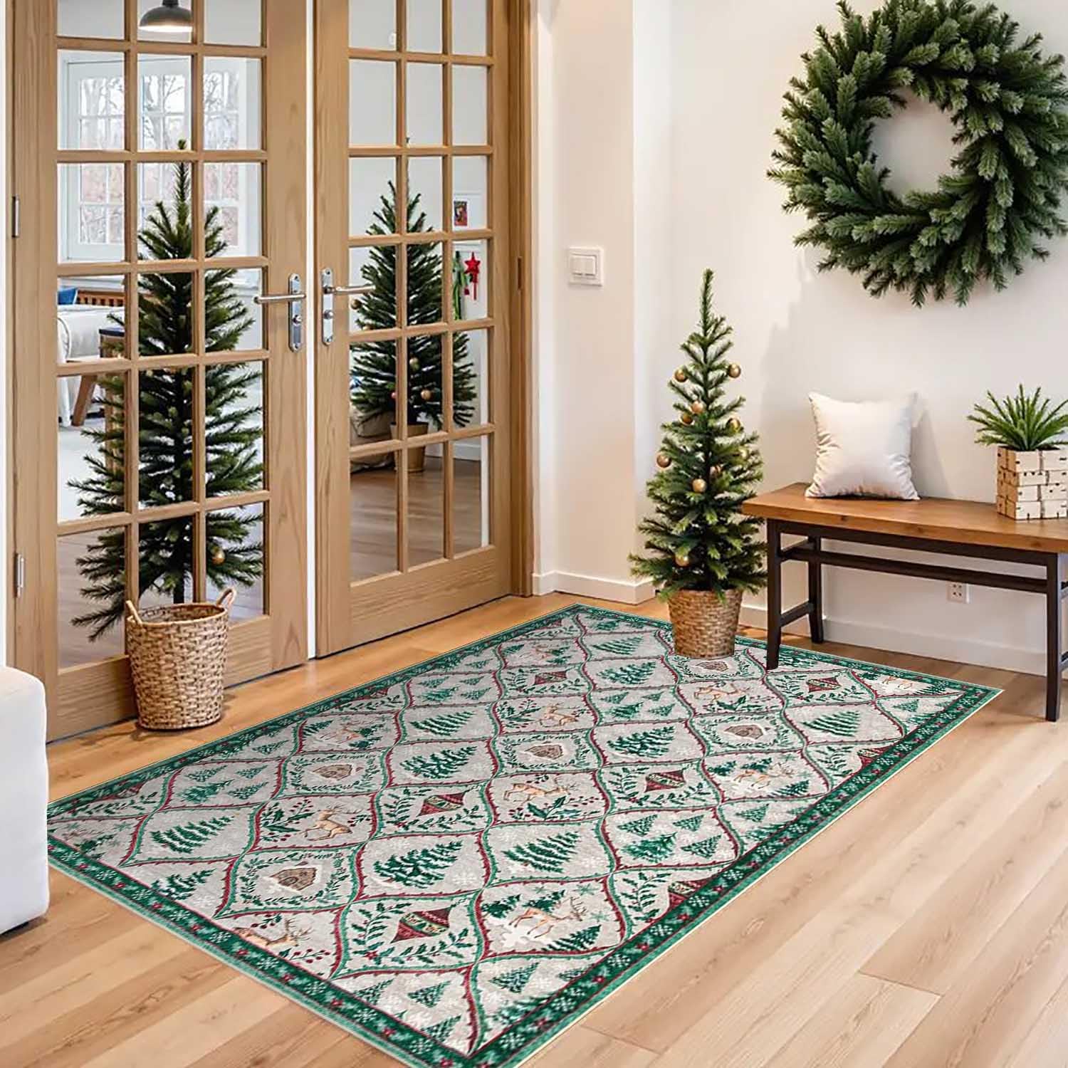 Alfombra Beige Salon Navideña,Alfombra Antideslizante Cocina de Navidad,con Diseño de Campana,Árbol de Navidad y Alce,Grande Alfombras Lavables para Dormitorio Comedor Entrada,B,80x120cm