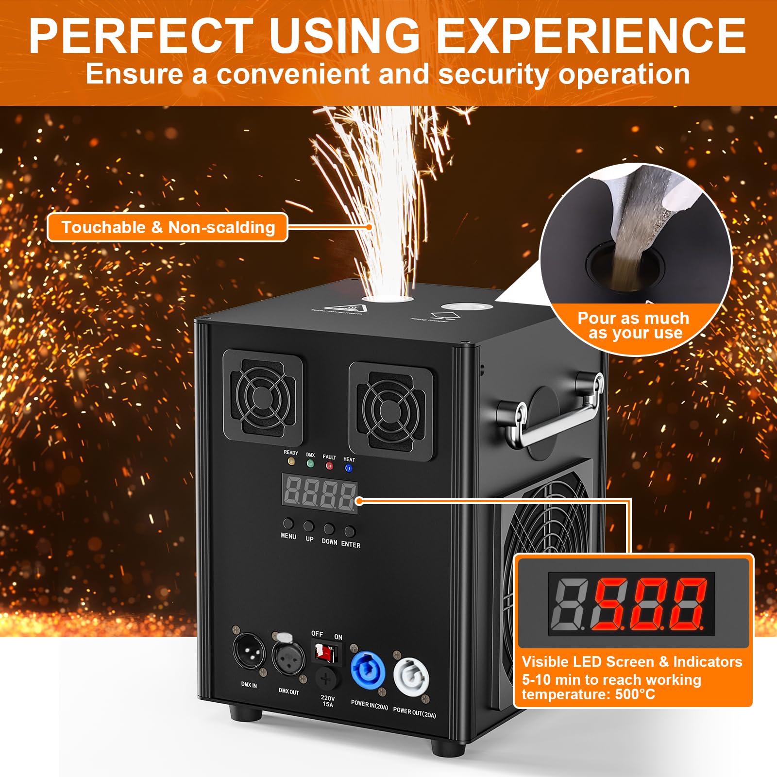 Kaltfunkenmaschine, 530W Schwarz Spezialeffektmaschinen mit d-mx512(2CH) Drahtlose Fernbedienung Pyrotechnische Maschinen für Hochzeiten Bar Bühne Party Halloween Weihnachten Hochzeiten (2 Stück)