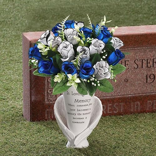 Miniatura 2 de U'Artlines 2 flores artificiales de cementerio con jarrón para tumba, rosas conmemorativas de seda, flores de tumba, flores para tumba, cementerio,