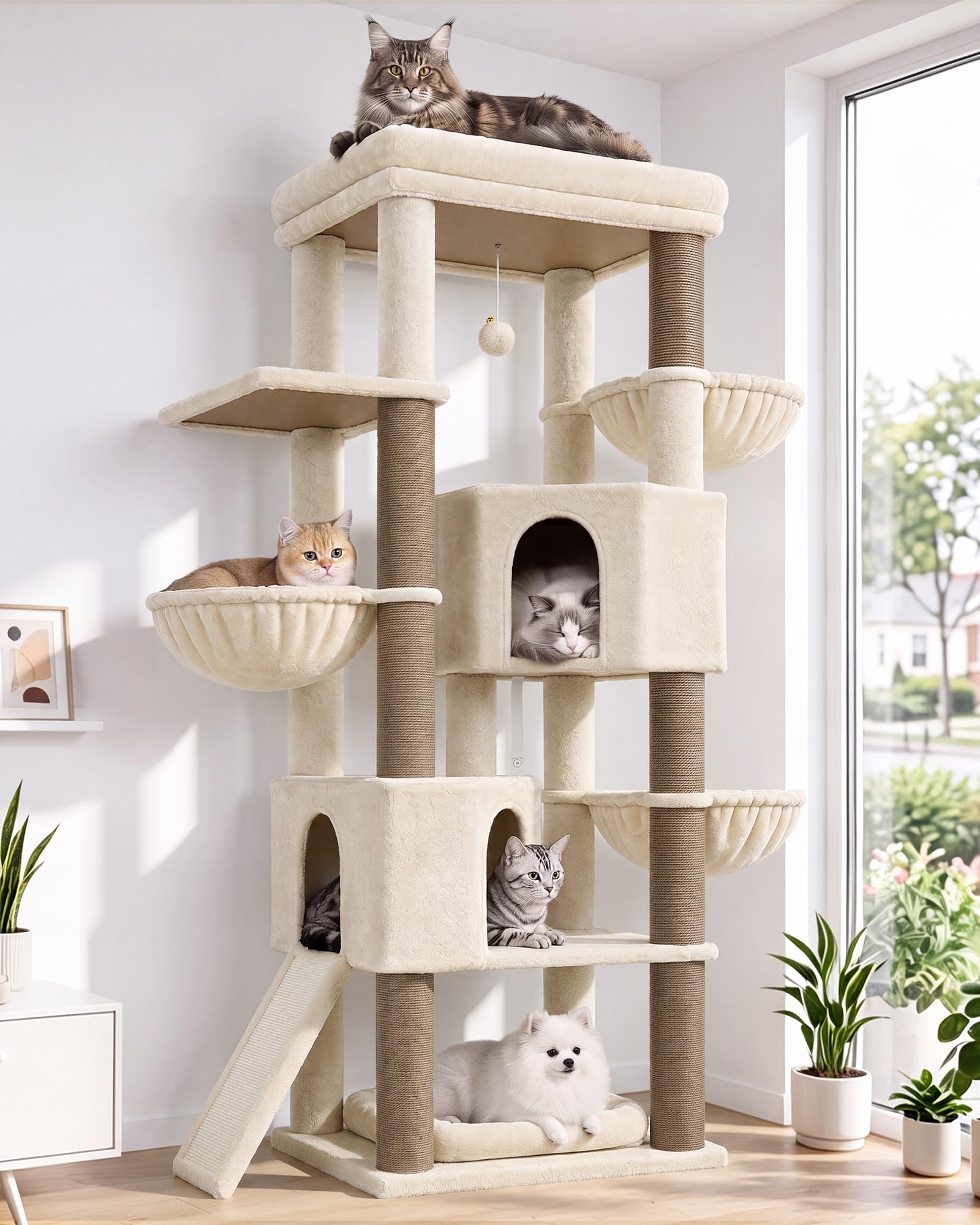Globlazer Rascador beige XL de 177 cm de alto con 2 casas grandes para gatos, plataforma grande acolchada (60 x 44 cm), 3 cestas blandas, rampa para rascar sisal, estable para 2 – 4 gatos adultos