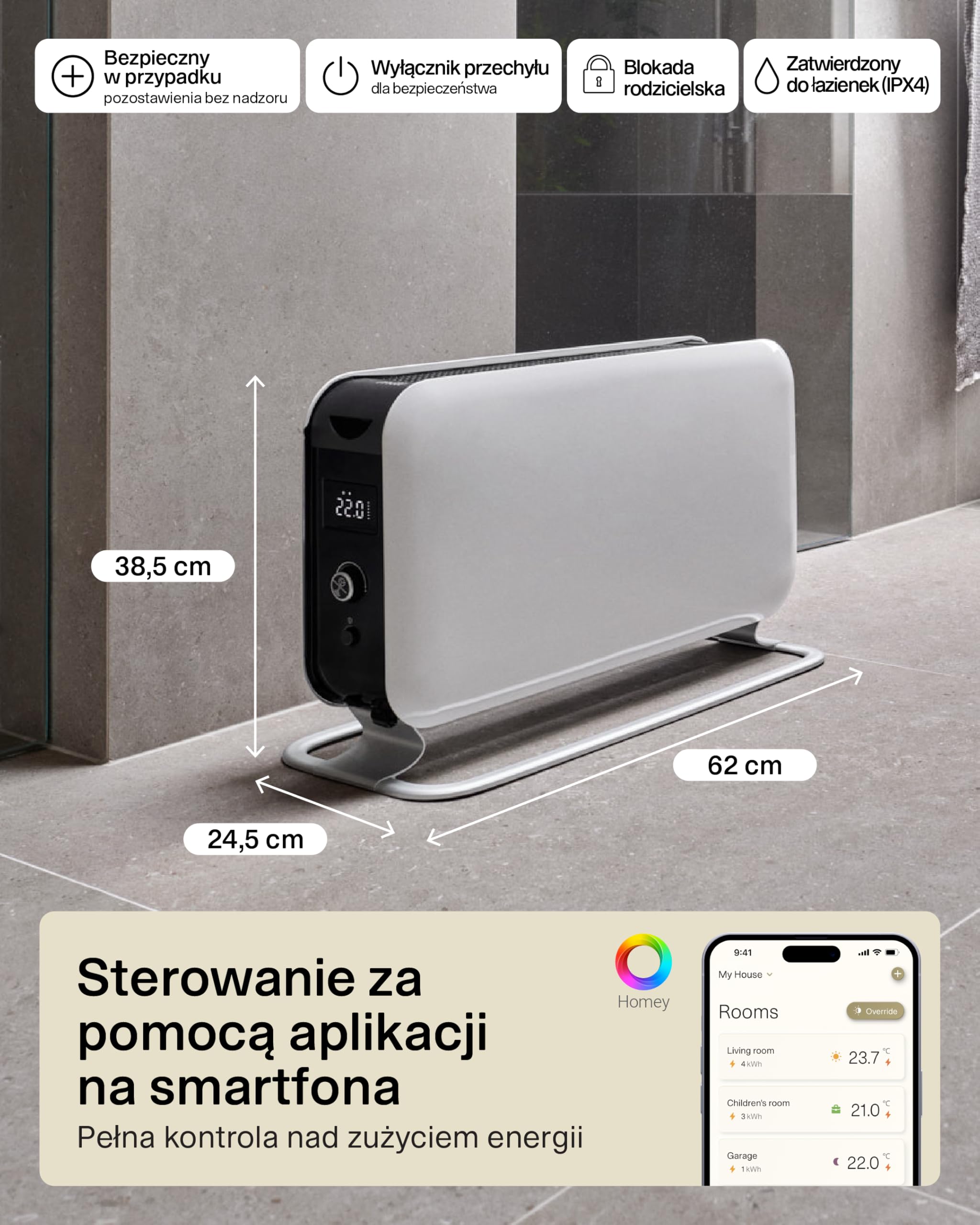 Młyn Przenośny konwektor konwektor Mill WiFi Convection CO1200WIFI, 1200W, ogrzewa środowiska do 25mkw, w komplecie z WIFI 3 sty (Biały, 18-22 m²)