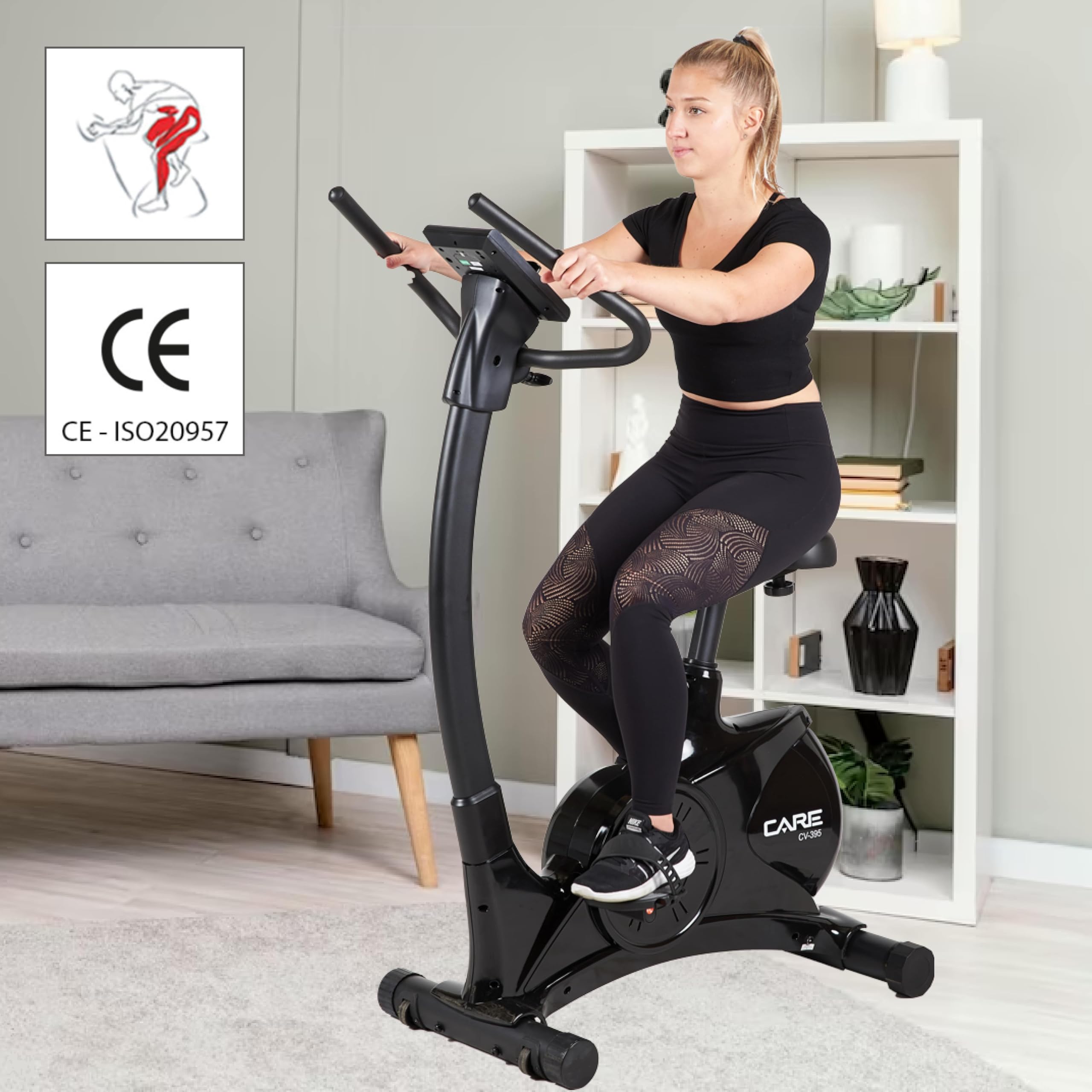 Care Fitness - Vélo d'Appartement Motorisé CV-395 - Vélo Droit 24 Programmes d'Entraînement - Masse d'Inertie 12kg - Résistances Magnétique Motorisée - Connectivité Application Mobile/Kinomap
