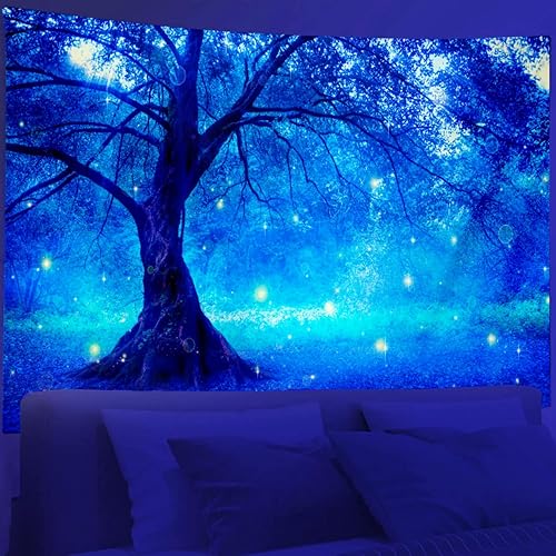 Miniatura 5 de QGKPL Tapiz de bosque azul con luz negra, tapiz de luciérnaga reactivo a los rayos UV para dormitorio, tapices que brillan en la oscuridad para