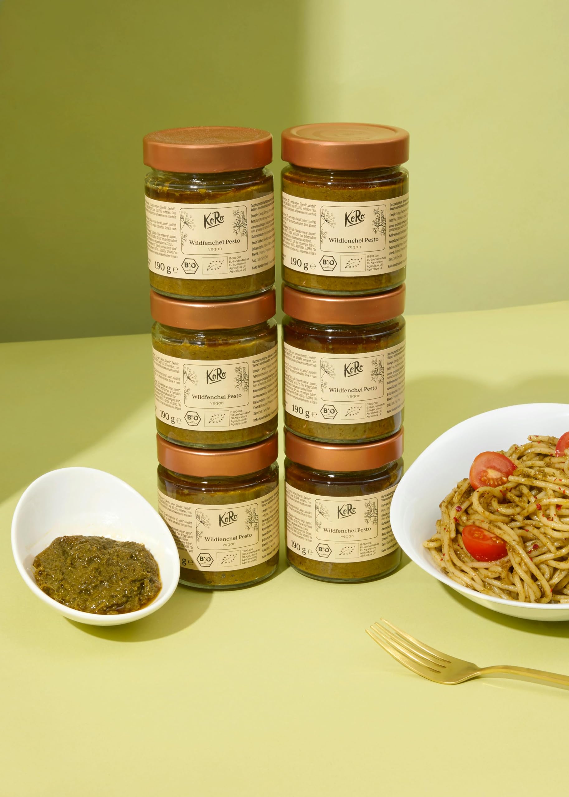 KoRo – Pesto bio au fenouil sauvage 6 x 190 g – Fabriqué en Sicile – Affiné avec des raisins secs et des tomates séchées – Vegan