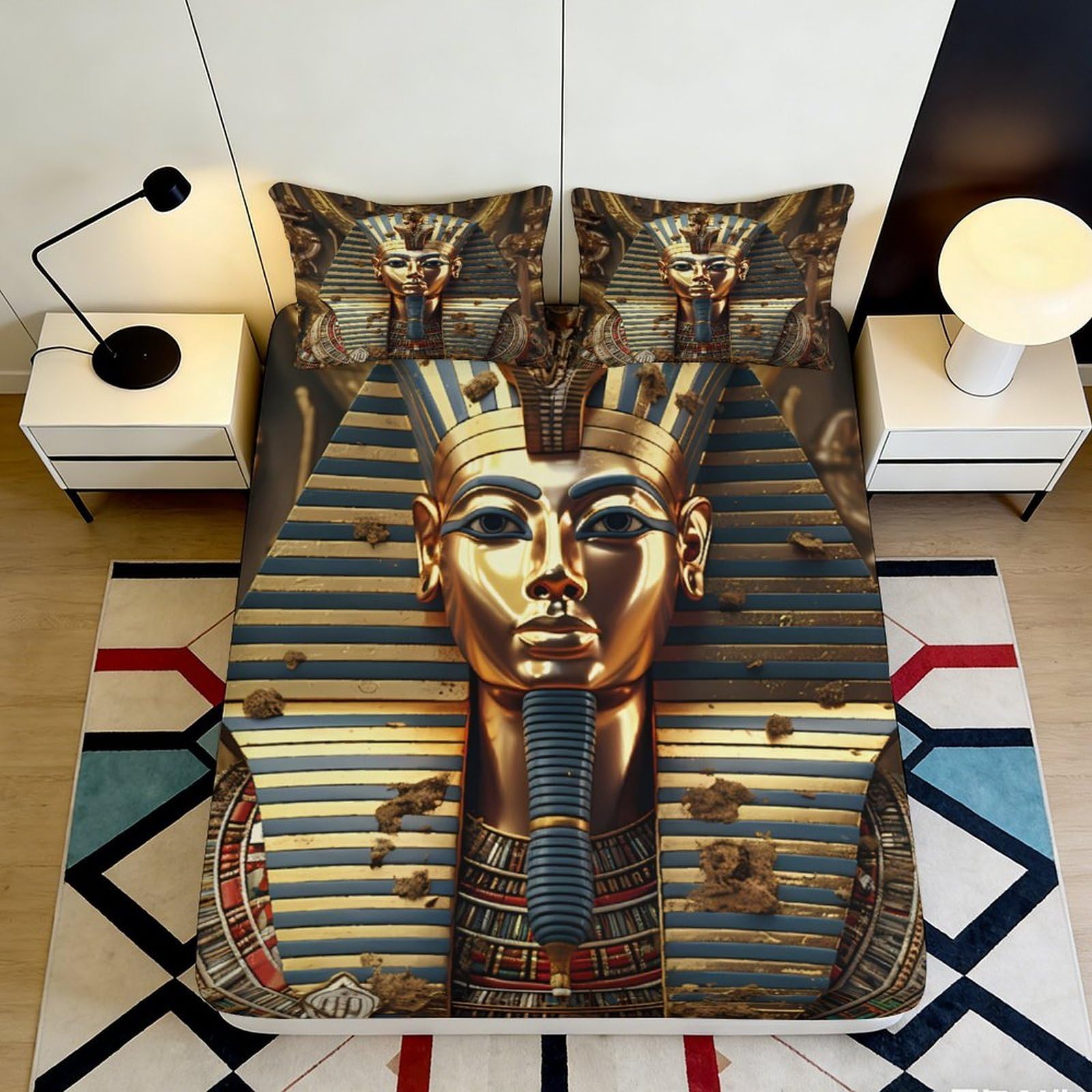 3D Printed Pharaoh Fitted Sheet, Microfiber soft touch, wrinkle resistant, Egyptian Bed Sheet for home, guest room, easy care, stylish apartment bedding décor, anti-slip, dustproof, 180x200x25cm