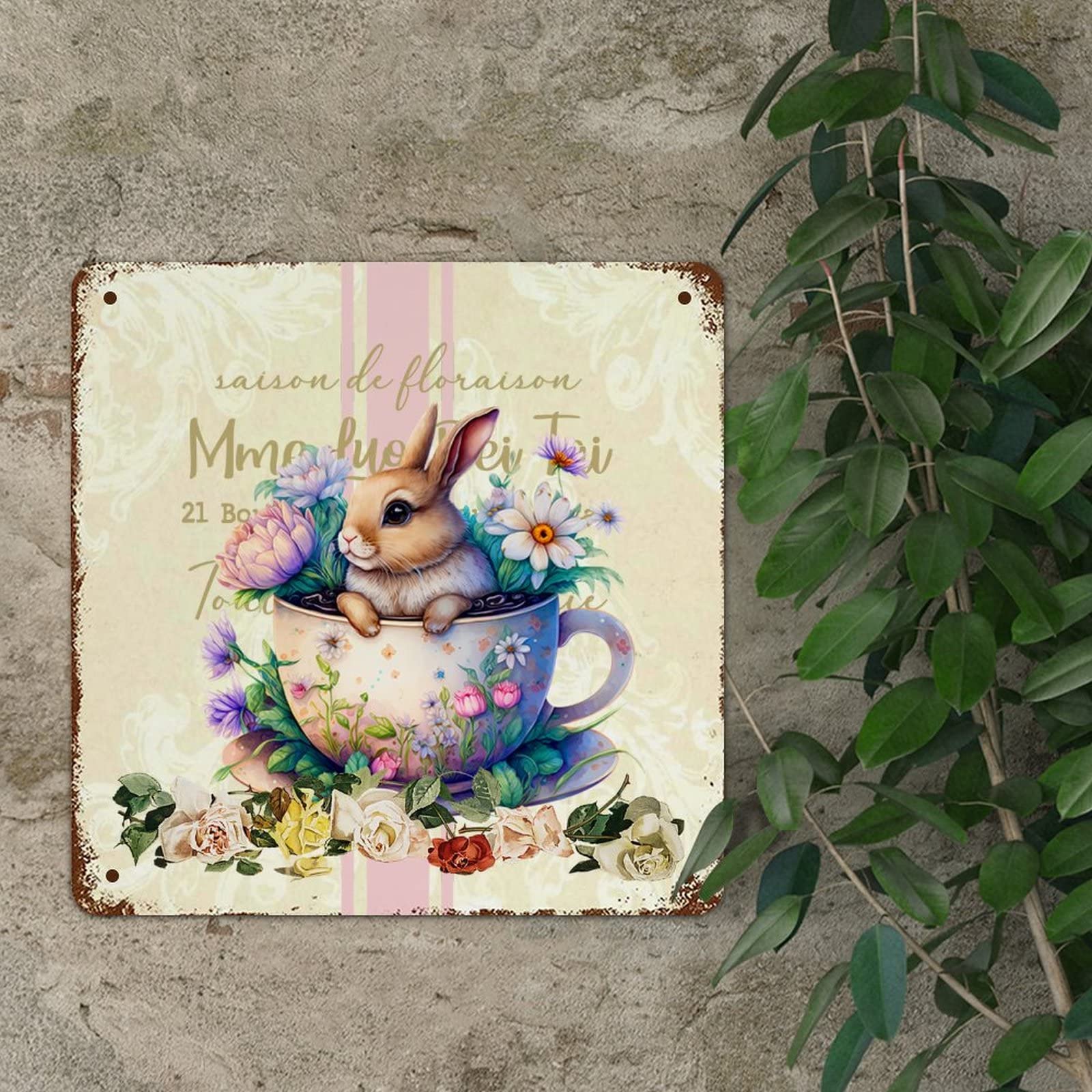 GLOBLELAND Cartello In Metallo Coniglietto Pasquale 30x20 Cm - Vintage Targa Con Uova Per Decorazione Casa - 3