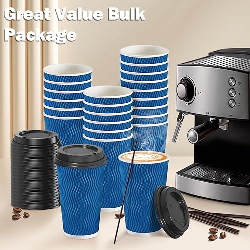 Miniatura 4 de SIUQ Tazas de café de 16 onzas, paquete de 90 tazas de café desechables con tapas y pajitas, taza de café de papel con aislamiento de pared ondulada