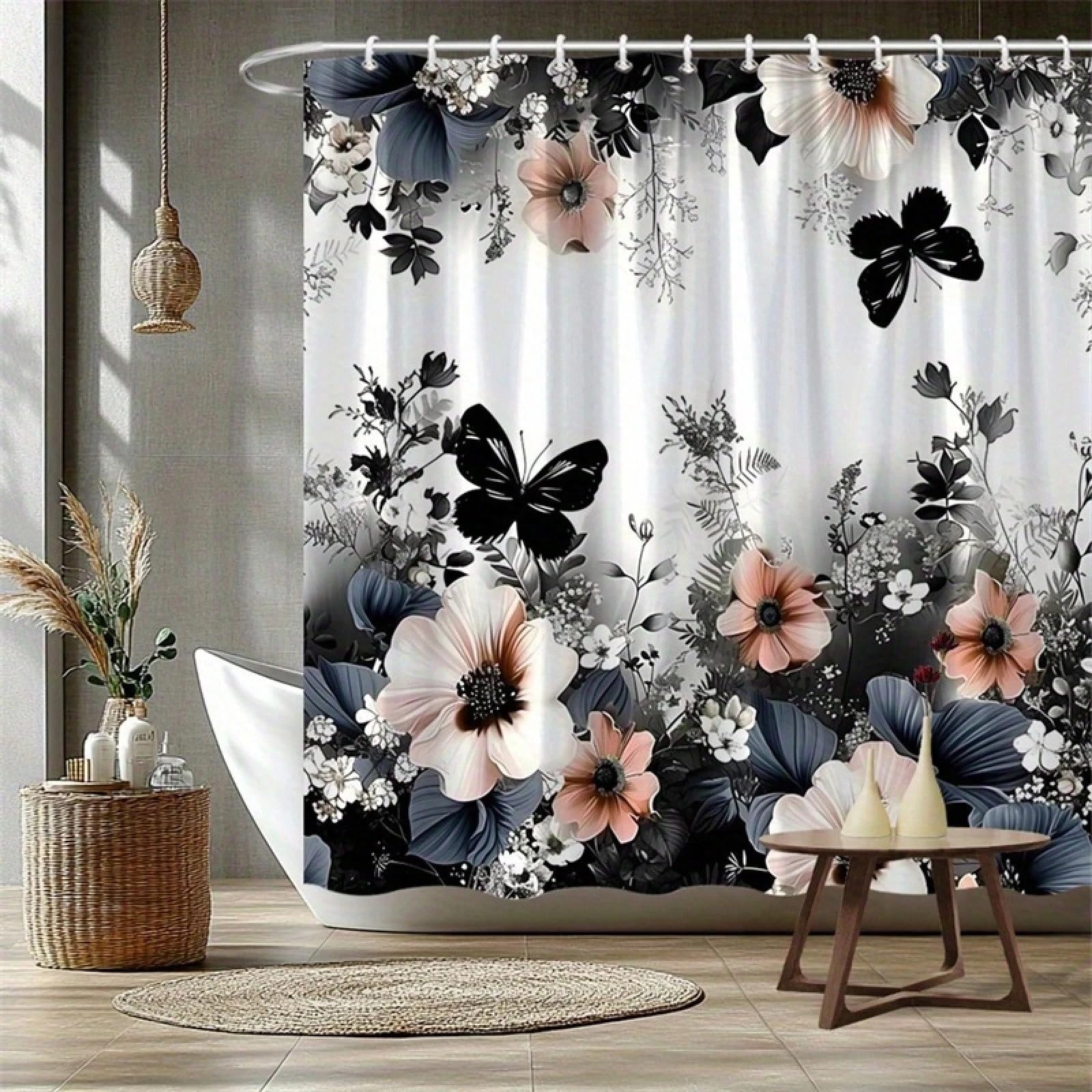 GLKSDLPO Fern Shower Curtain Floral Bathroom Curtain Featuring Pink/White/Blue Flowers And Black Patterns Shower Curtains(145x230cm/57x91in(WxH)