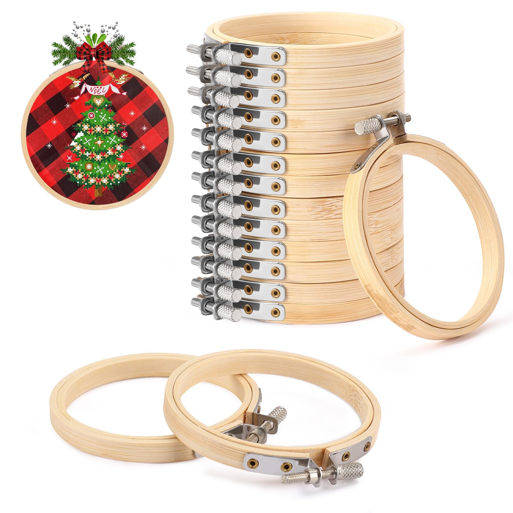 FEBSNOW 12 aros de bordado de 3 pulgadas ajustables, material natural, círculo de punto de cruz, aro redondo de madera a granel para manualidades, costura práctica y decoración de Navidad