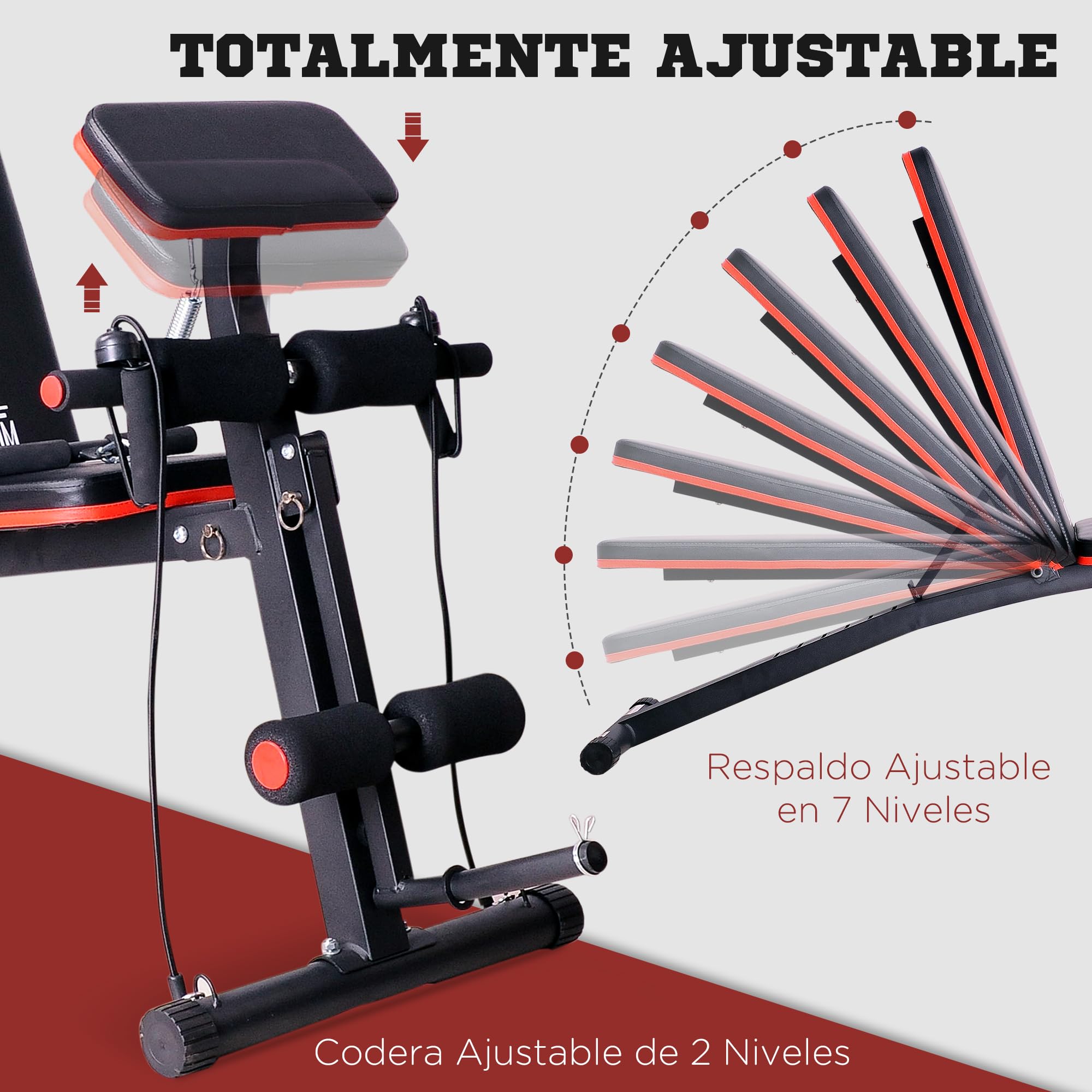 HOMCOM Banco de Musculación Plegable, Banco de Pesas, Respaldo Inclinable de 7 Niveles, Extensión de Pierna, Cojín de Predicador, Banda de Resistencia, para Entrenamiento Completo, Casa Gimnasio