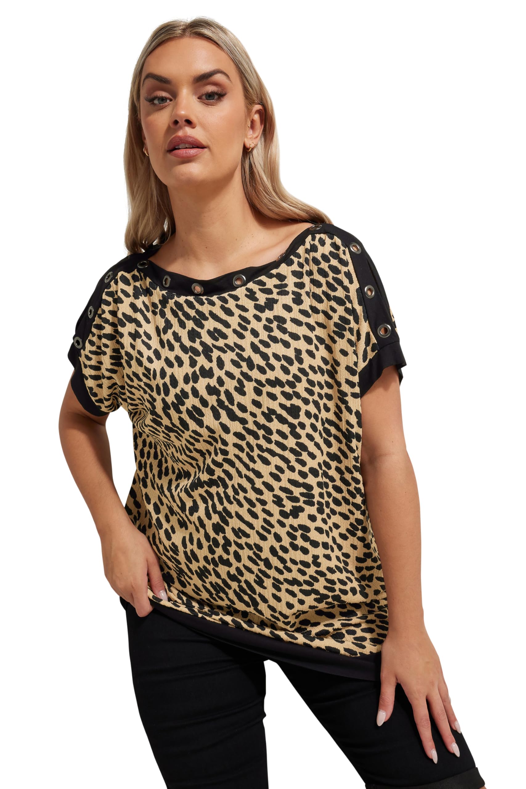 Yours Women's Brown Curve Leopard Print Eyelet Detail Top - Plus Size Curve