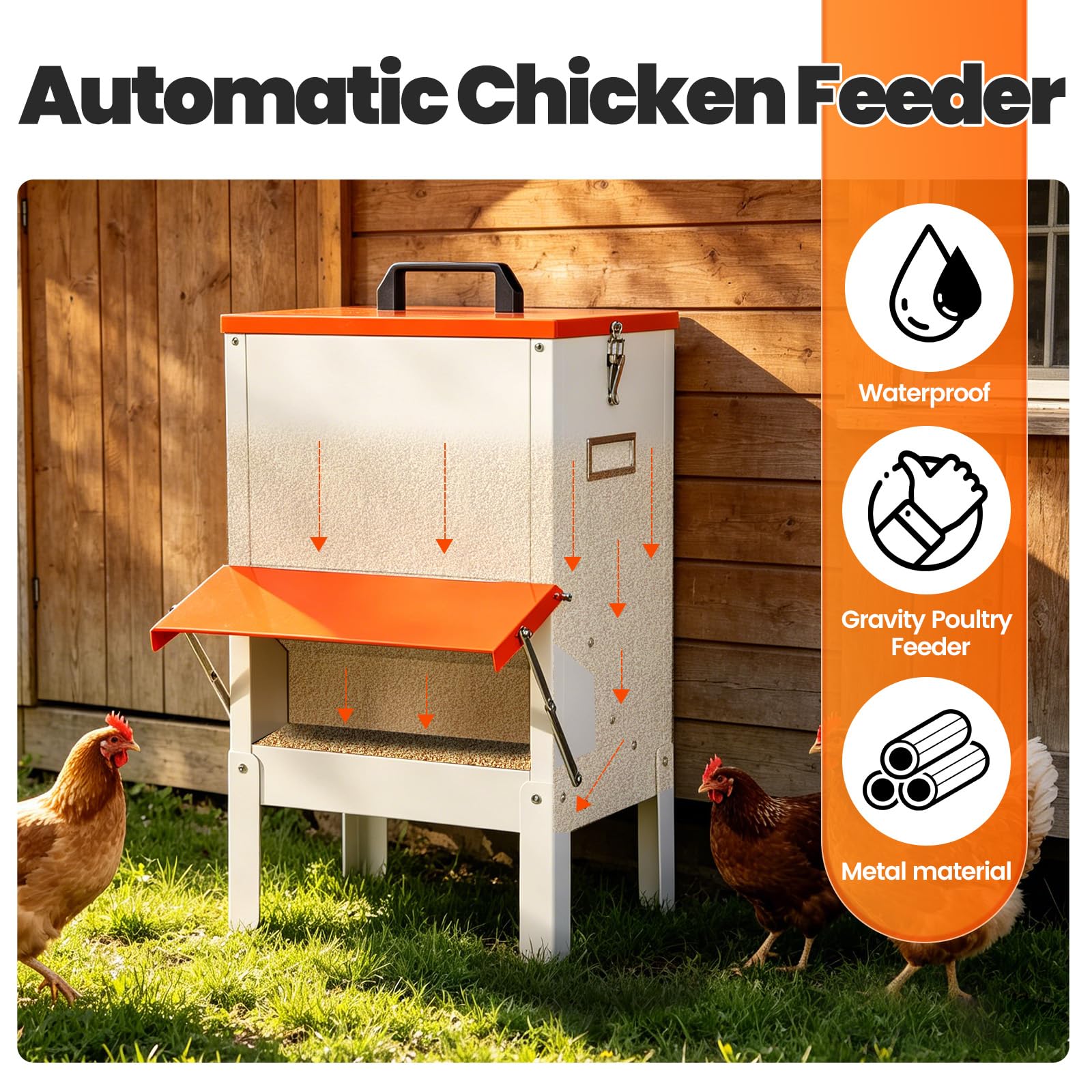 Alimentador automático de pollos colgante de metal de 30 libras, comedero para patos, para exteriores, grandes comederos para patitos al aire libre, sin residuos, alimentador automático para