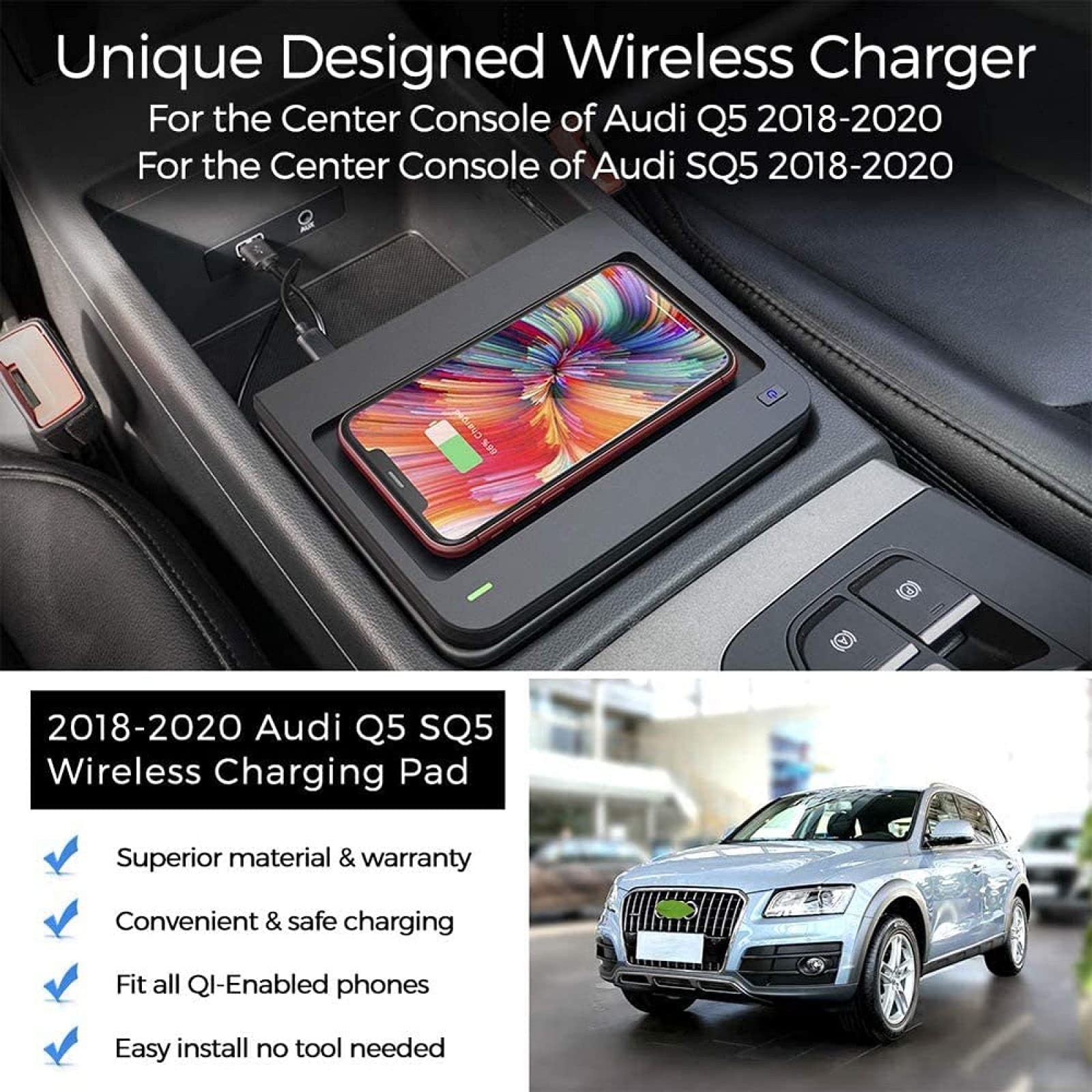 Bezprzewodowa ładowarka samochodowa, dla Q5 SQ5 2020-2018 Bezprzewodowa karta ładowania pojazdu, panel akcesoriów konsoli środkowej 10W Qi Quick Charge Pad Urządzenie do ładowania